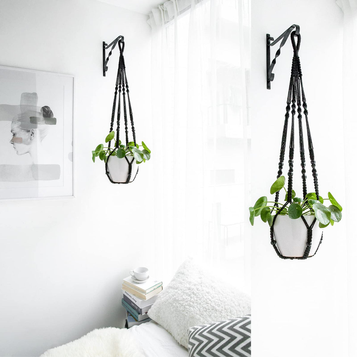 Mkono Macrame Plant Hanger Indoor Hanging Planter Basket with Wood Beads Decorative Flower Pot Holder No Tassels for Indoor Outdoor Boho Home Decor 35 Inch, Black, Set of 1 (POTS NOT Included)