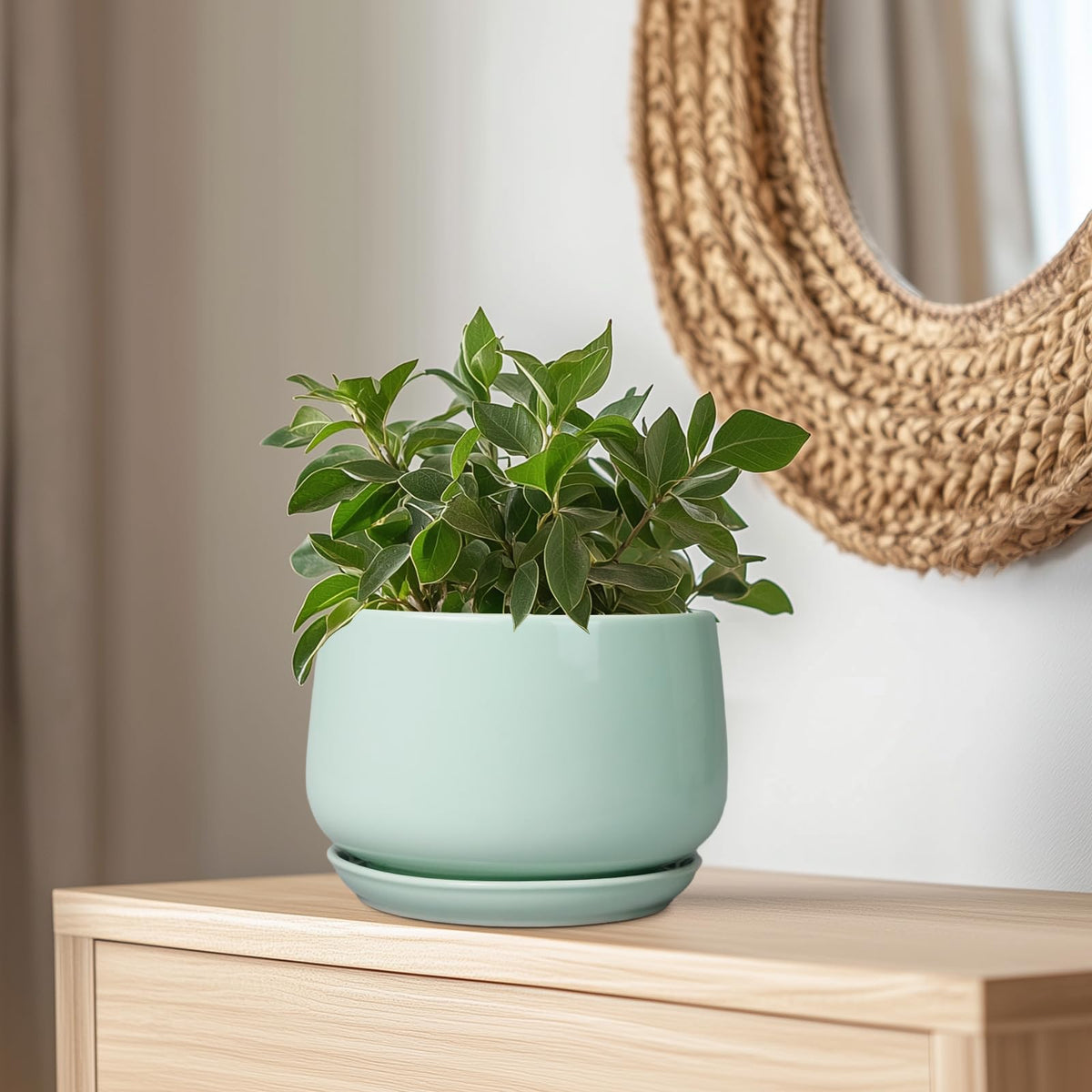 G EPGardening Ceramic Pots for Plants - 9 Inch Ceramic Planter with Drainage and Saucer, Round Planter for Indoor Outdoor Plants, Modern Flower Pots, Garden Decor, Birthday Gifts, Green