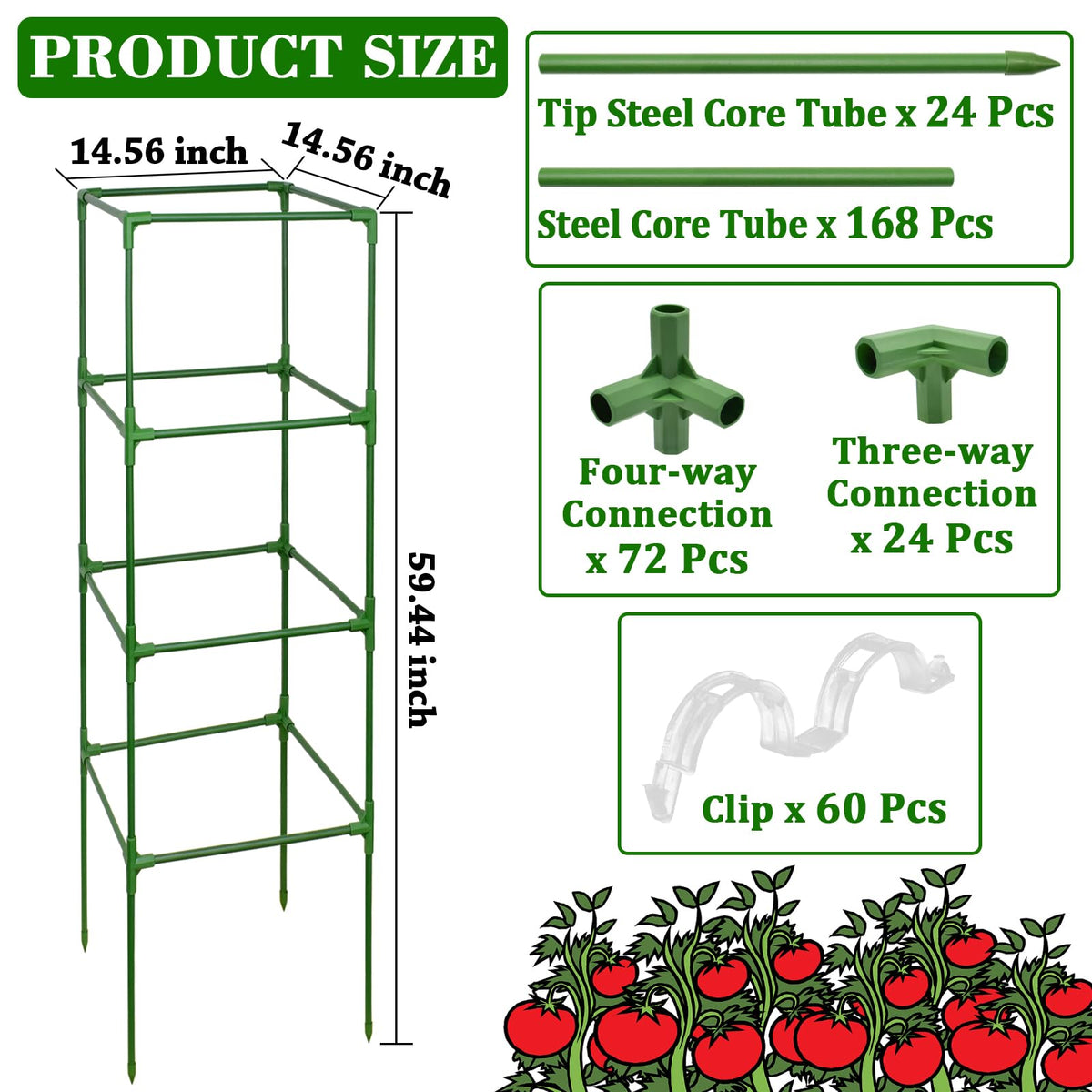 ZeeDix 6 Pack Heavy Duty Tomato Cages for Garden 60 Inches, Square Adjustable Tomato Trellis Cage Climbing Plant Support Trellis Plant Cages for Climbing Vegetables Flowers with 40Pcs Clips