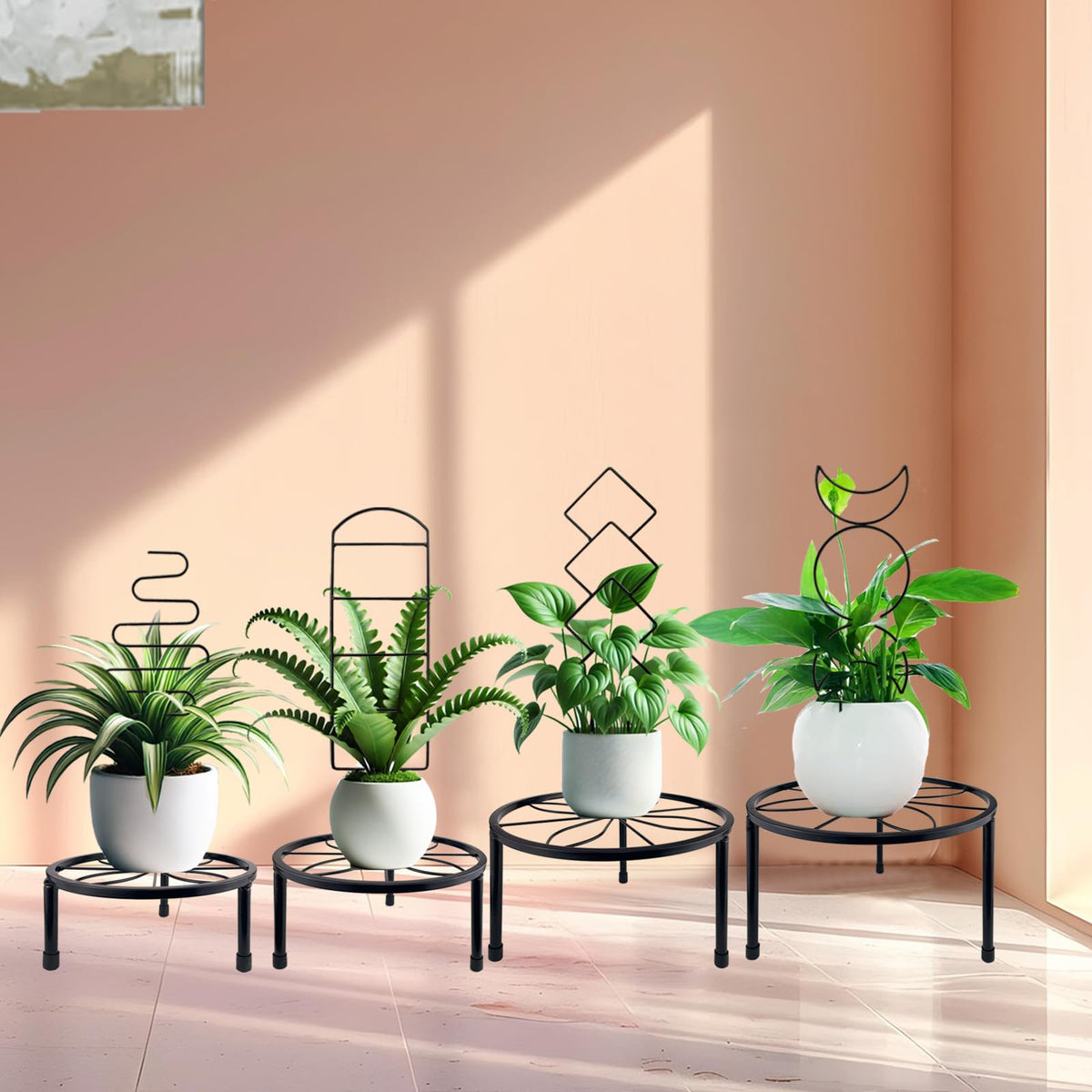 4 Packs Trellis for Climbing Plants Indoor, HENABLE Small Garden Metal Trellis for Potted Plants Outdoor for Vine Ivy Flower Plant Support, 4 Different Black Iron Patterns