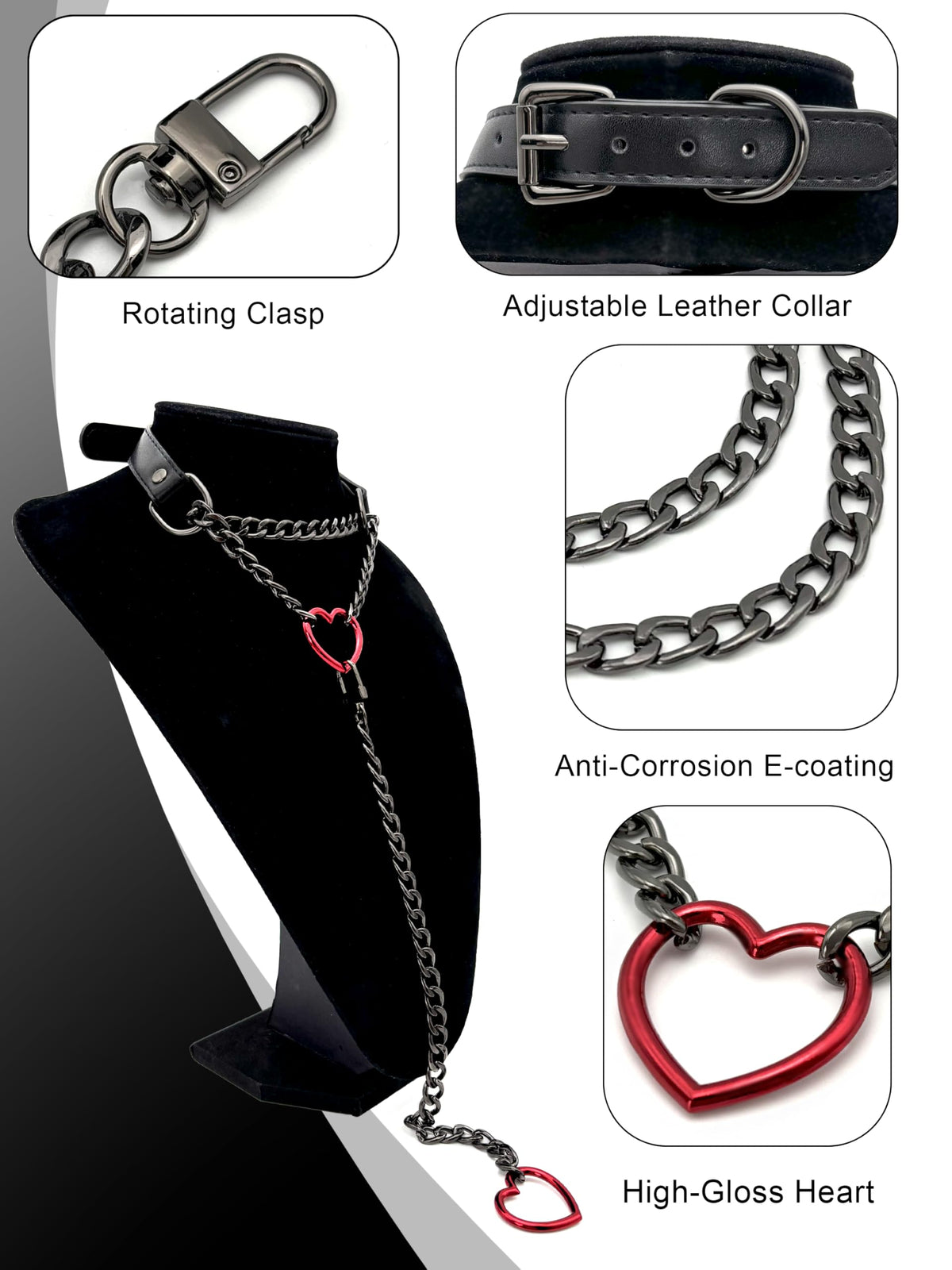 EverGlimp Heart O-Ring Slip Chain Choker Collar Necklace for Women, Adjustable Vegan Leather Punk Necklace with Swivel Clasp & Heart Charm
