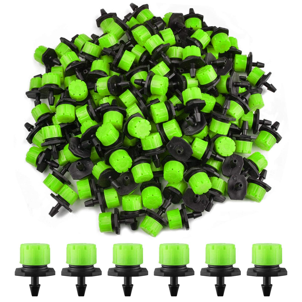 Kalolary 200Pcs Adjustable Irrigation Drippers, 1/4 Inch Barbed Drip Emitter 360 Degree Watering Sprinklers Anti-Clogging Drippers for 4mm/7mm Garden Watering System（Green）