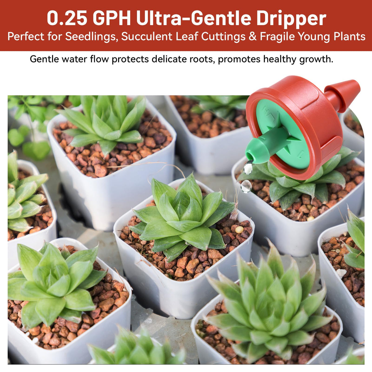 50 PCS 0.25 GPH Pressure Compensating Drip Irrigation Spot Watering Drippers/Emitters, Anti-Clog Self-Cleaning Drip Irrigation Emitters Heads Irrigation Drippers Parts for Seedlings, Mini Gardens