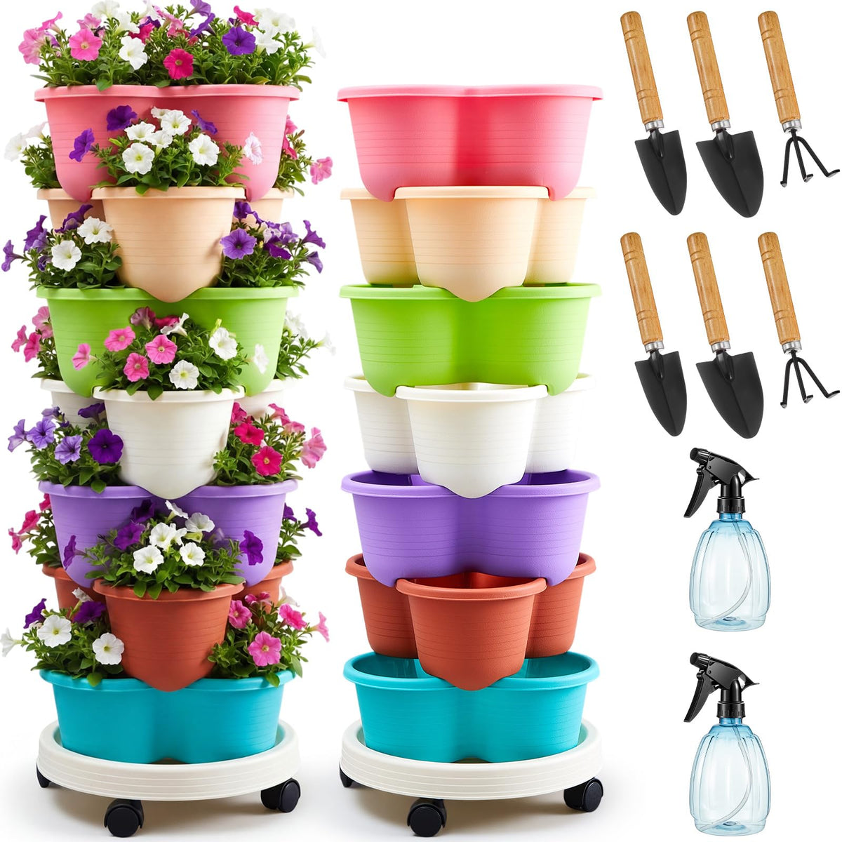Umigy 2 Set Multicolor 7 Tier Stackable Vertical Planters with Removable Wheels and Tools Tower Planters Strawberry Herb Flower Vegetable Pots Indoor Outdoor Gardening Pots