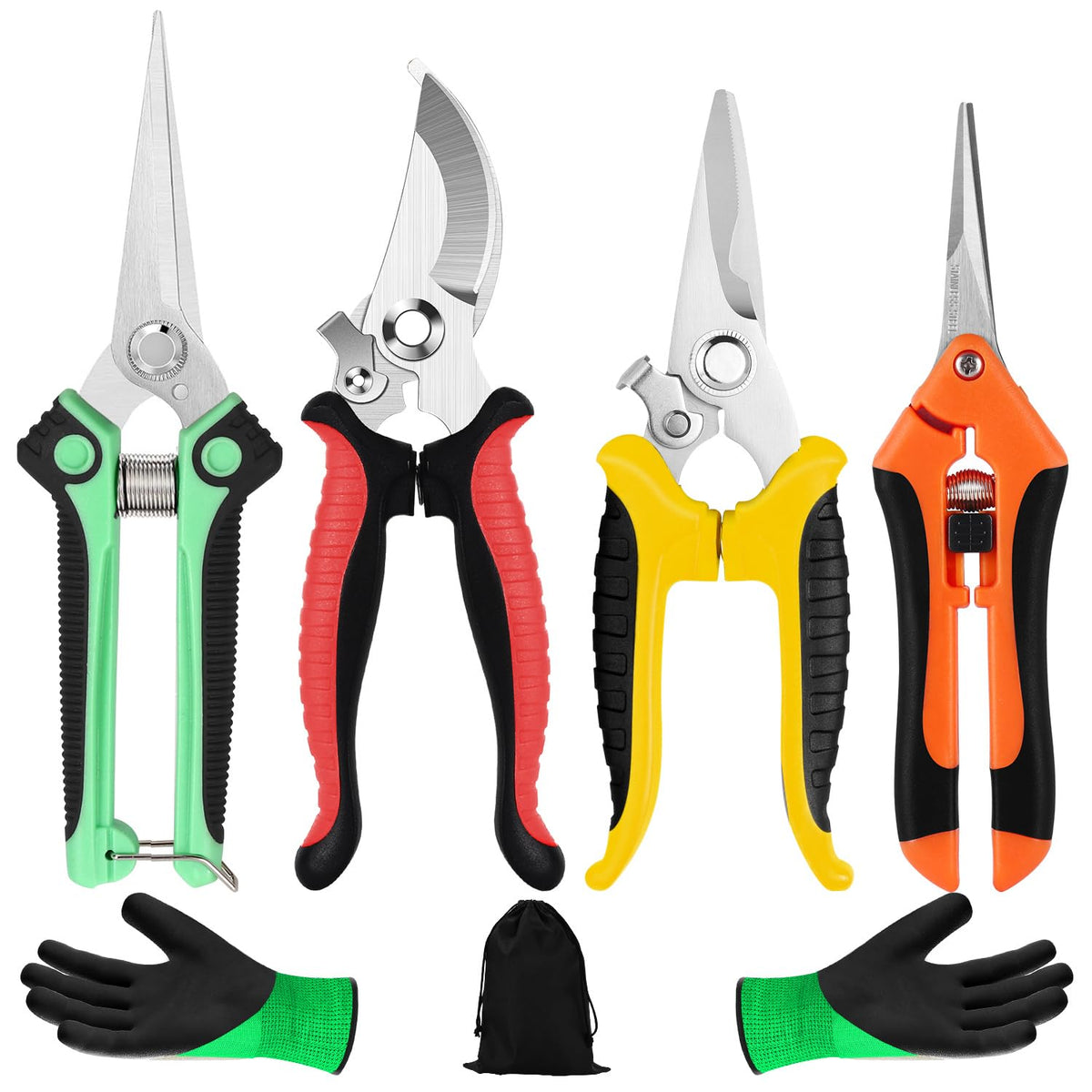 4 Pack Garden Shears Scissors,Pruning Shears, pruning shears for gardening Stainless Steel Blades, Gardening Clippers Hand Pruner With a Gardening Gloves((Red Yellow Blue Orange)