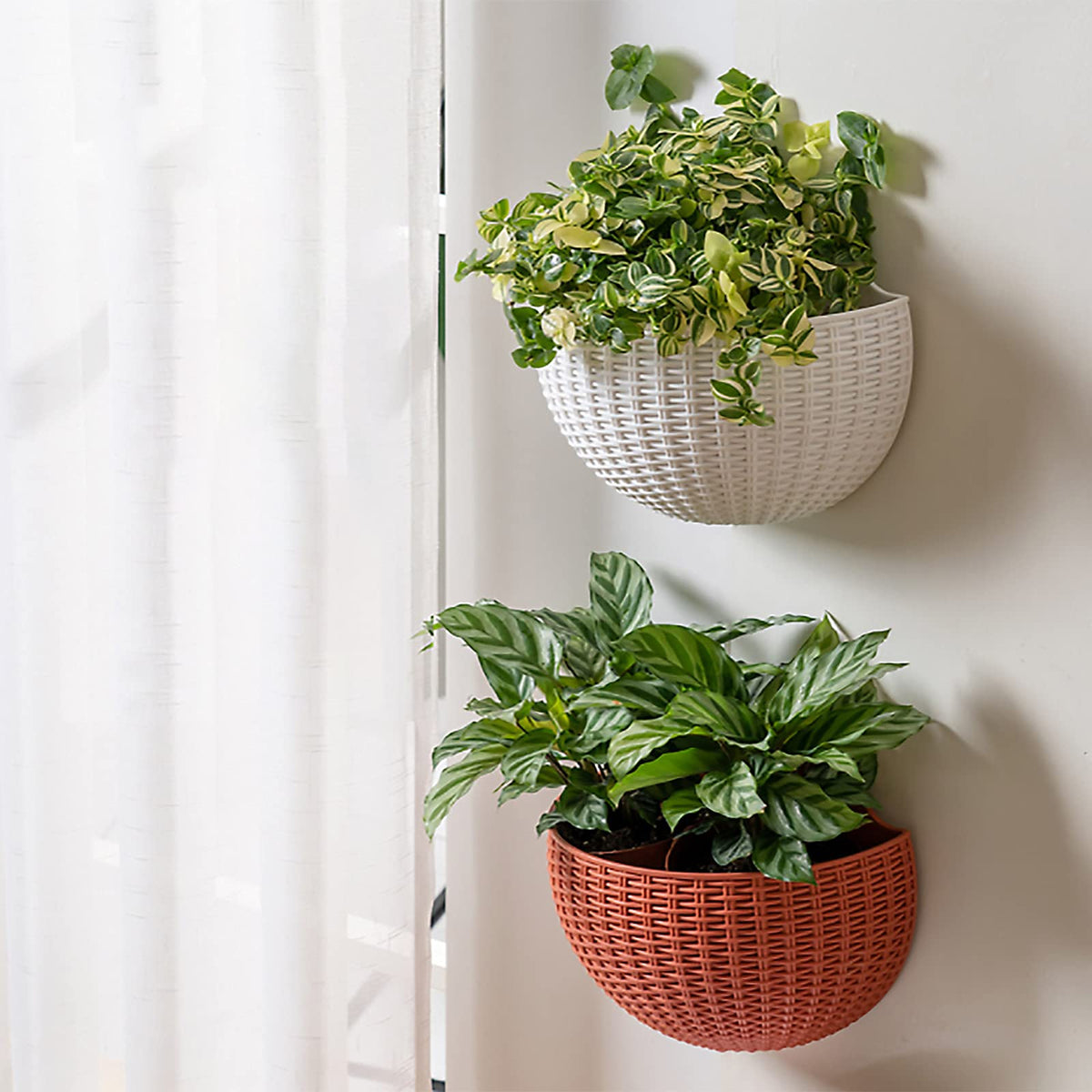 Hanging Planter Pot, Wall and Railing Hanging Planters with S Hooks, Half Round Imitation Rattan European Style Wall Flowerpot Rustic Decorative Flower Basket for Home Balcony(#21*16.5cm Dark green)