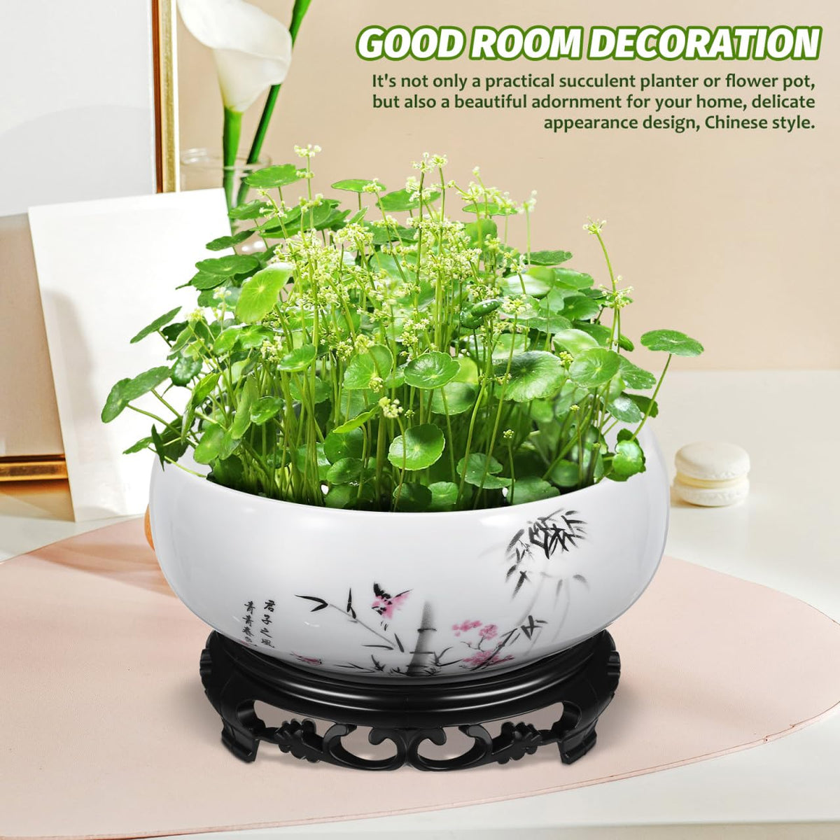 YARNOW Ceramic Lotus Bowl Planter with Stand - 6.9 Inch Water Lily Bowl for Home Office Garden Decor, No-Drainage Hole