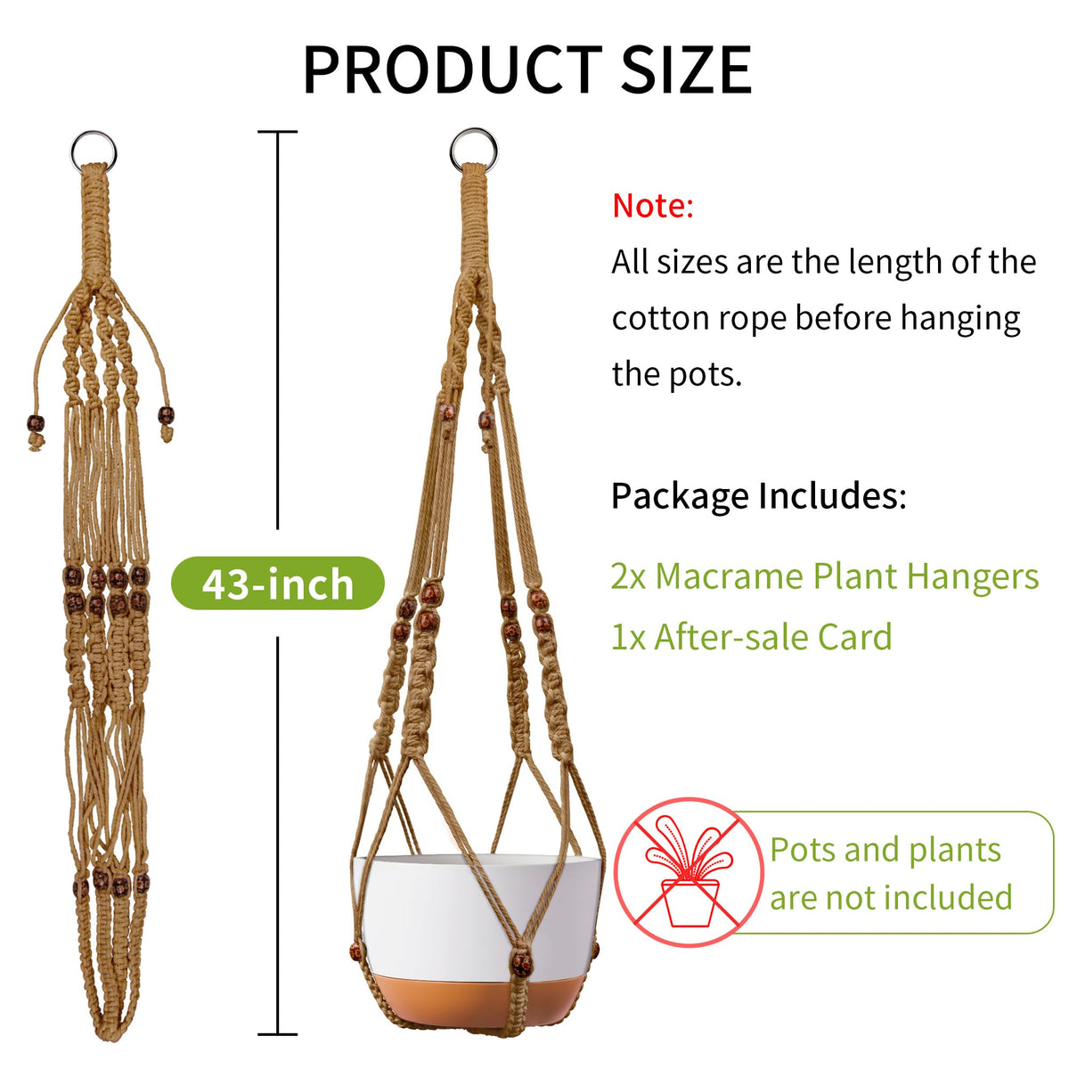 IDEEEPAN Macrame Plant Hanger - Fits 6 to 15 inches Pots for Indoor Outdoor, 43 Inch, Set of 2, Brown (POTS NOT Included)