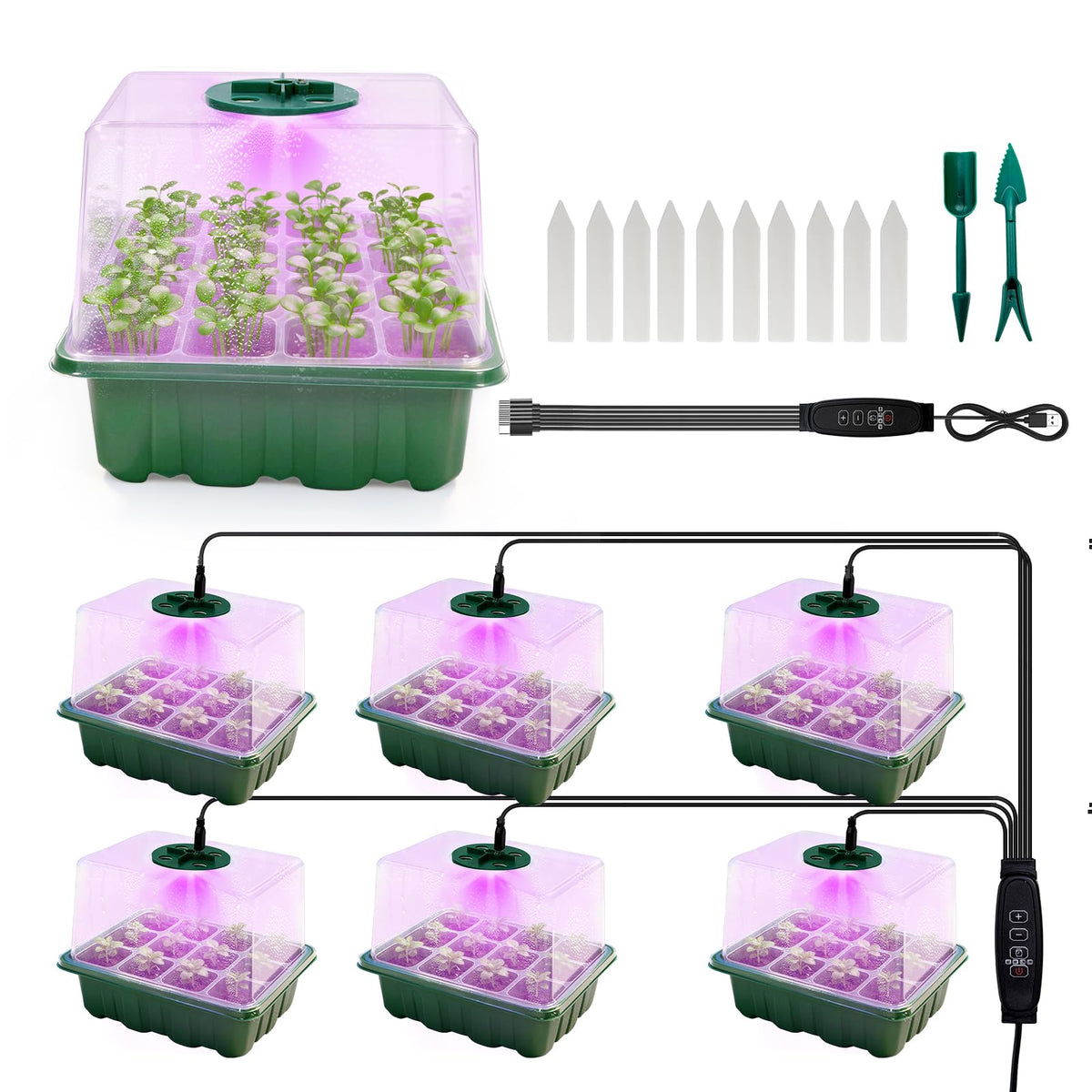 Bhyhok 6 Pack Seed Starter Kit with Grow Light 72 Cells Plant Starter Trays with 3.9 Inch Adjustable Humidity Dome Reusable Indoor Plant Germination Tray for Gardening
