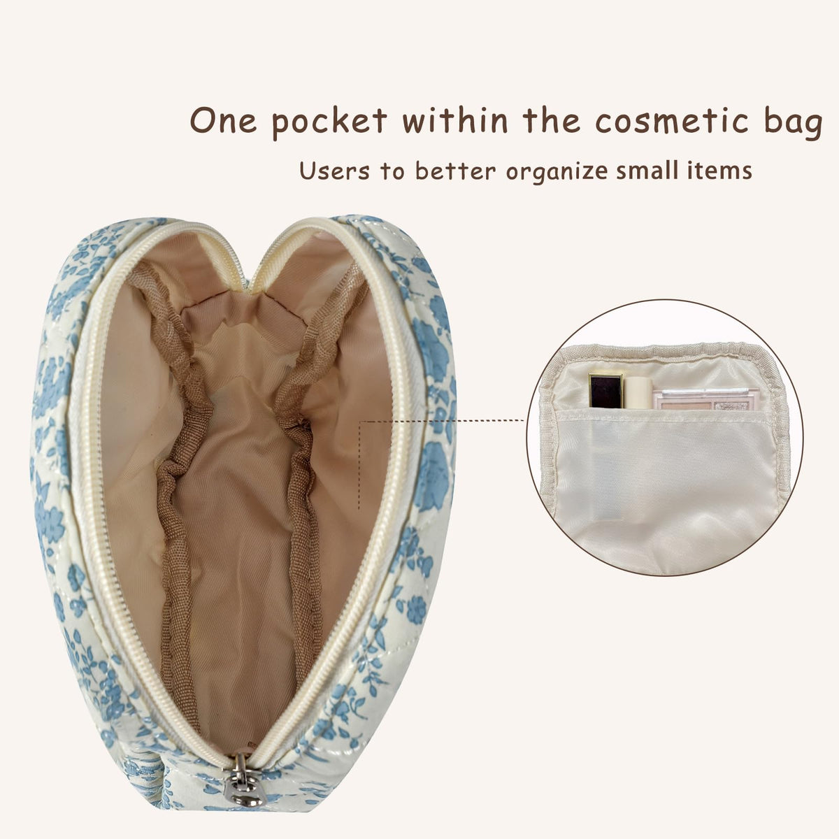 Small Quilted Cotton Makeup Bag for Purse, Cosmetic Bag with Compartments, Cotton Aesthetic Makeup Bag, Travel Toiletry Pouch, Key Pocket Lipstick Bag Card Holder Data Cable Organizer（01White Bear）