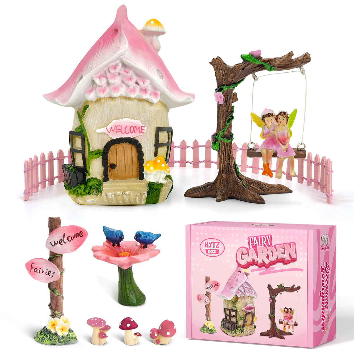 DONABELA Fairy Garden Decor Kit Pink Resin Miniature House Figurines Set Swing Directional Sign Bird Drinking Pool Fence Little Mushroom Outdoor Tiny Accessories Supplies