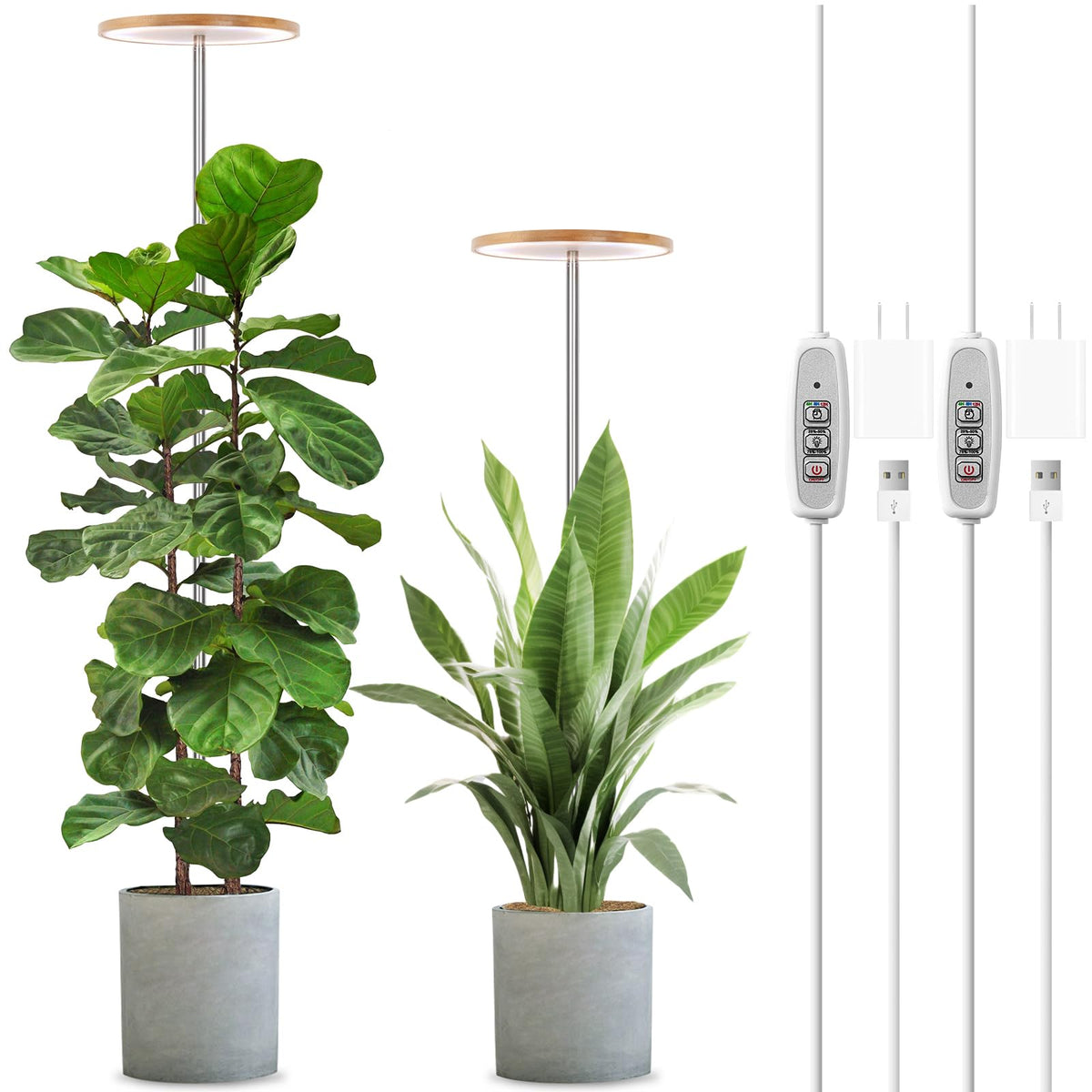 LORDEM Bamboo Grow Light for Indoor Plants, Full Spectrum LED Plant Grow Light, Height Adjustable Growing Lamp with Auto Timer 4H/8H/12H, 4 Dimmable Levels, Ideal for Large Tall Plants, 2 Pack