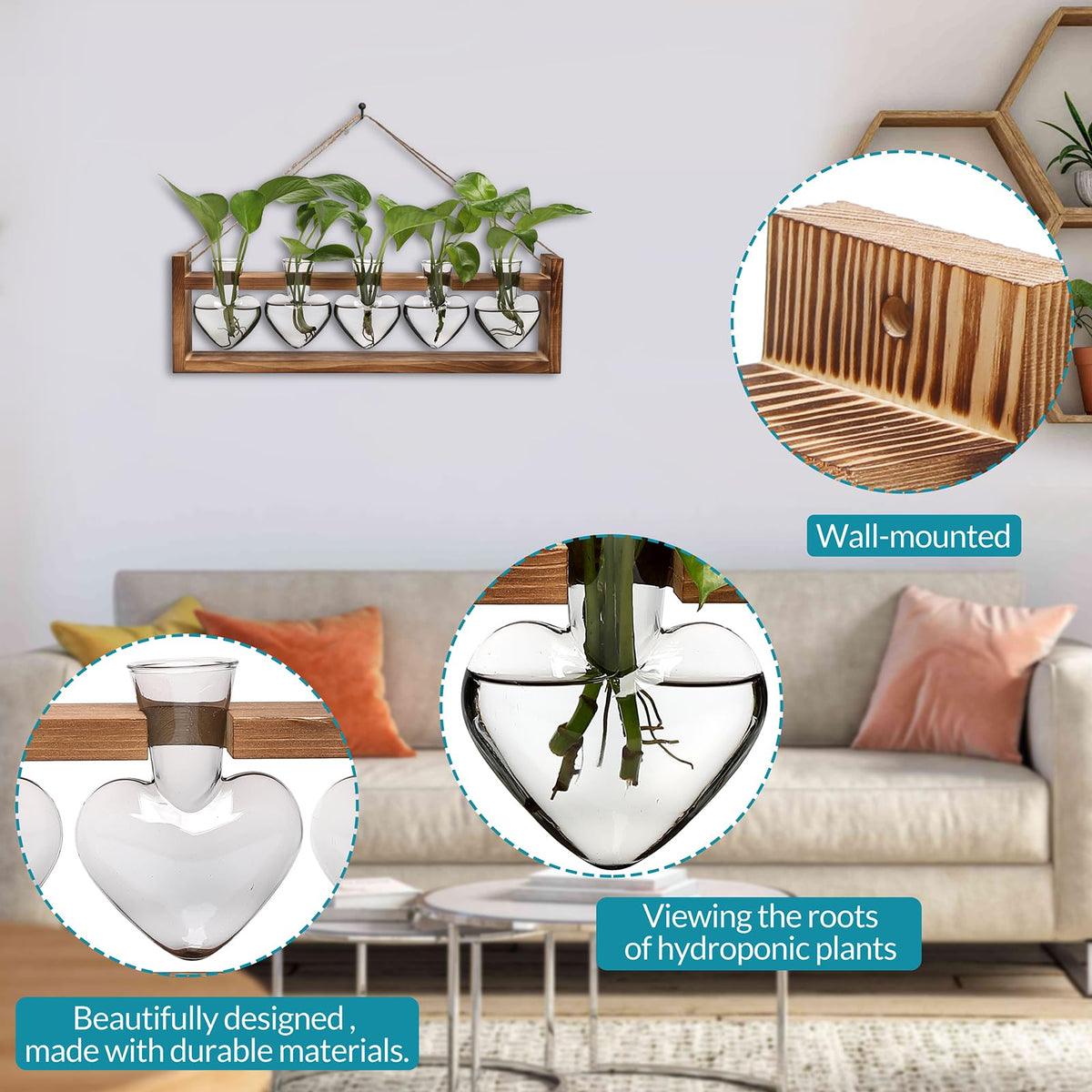 Plant Terrarium Hanging Propagation Stations Gift for Women Air Plants Holder with Wooden Stand Heart Glass