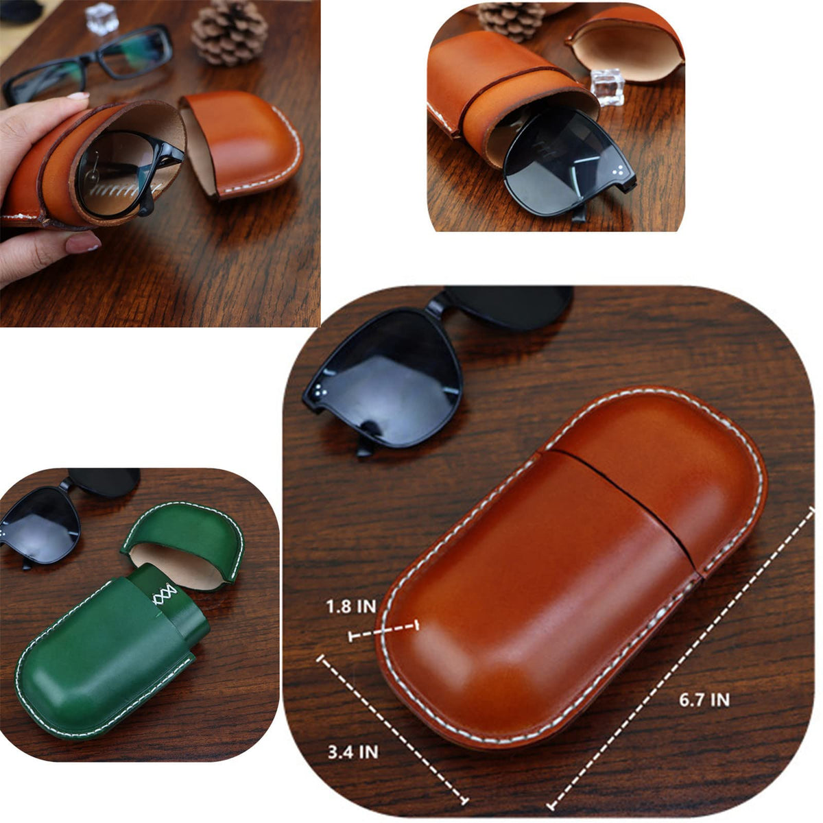 Fanyixuan Leather Glasses Case Cowhide Vintage Men And Women Nearsighted Glasses Sunglasses Travel Anti-Crush Storage Box (Green)