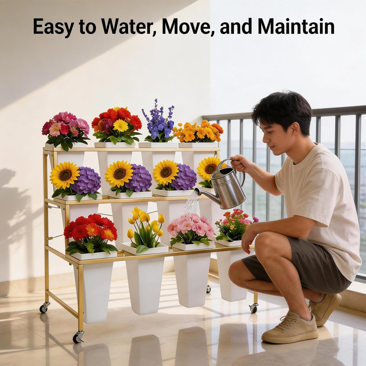 SXJHOPK Flower Display Stand with 12 Buckets, 3-Tier Rolling Plant Stand with Locking Wheels - Heavy Duty Metal Flower Cart for Indoor/Outdoor Use, Wedding Decor & Florist Displays
