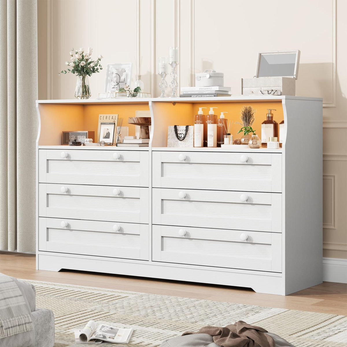 IDEALHOUSE 55" 6-Drawer Dresser for Bedroom – Wood Chest with Charging Station, LED Lights & 2 Storage Compartments, Modern TV Stand for Living Room & Hallway, White