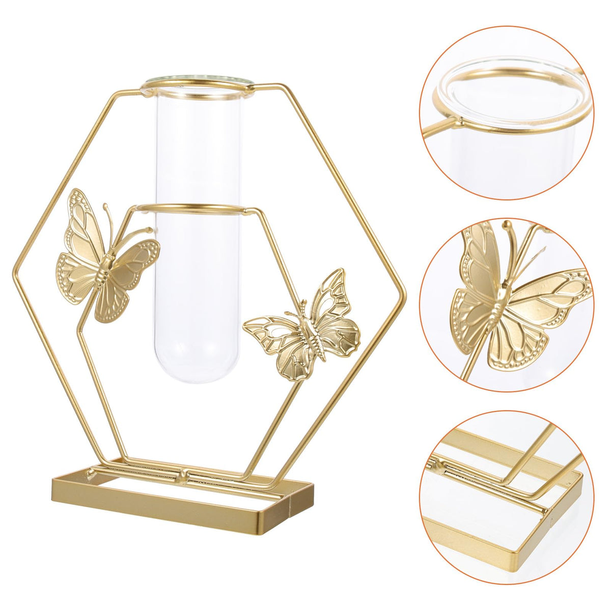 DECORNIJIA Metal Framed Glass Vase with Butterfly Pattern, Hexagonal Hydroponic Flower Pot for Desktop Decoration, Home Terrarium Plant Holder for Living Room Table