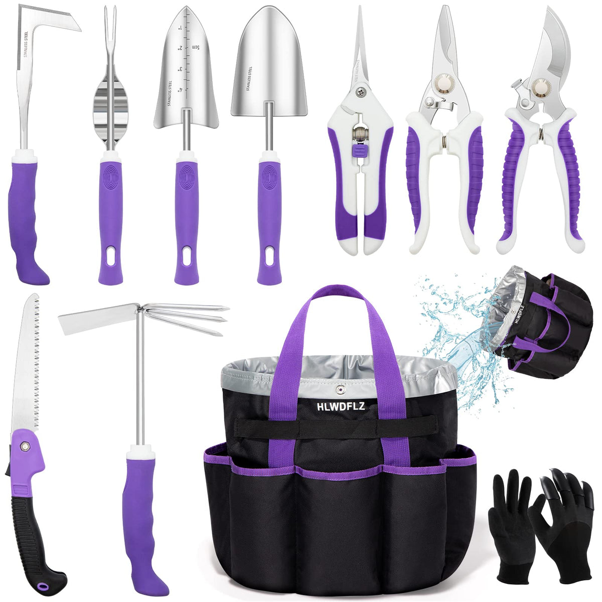 HLWDFLZ Purple Garden Tool Set Gardening Items for Women - 11PCS Heavy Duty Garden Tools with Detachable Storage Bag, Weeder, Dual-Purpose Hoe