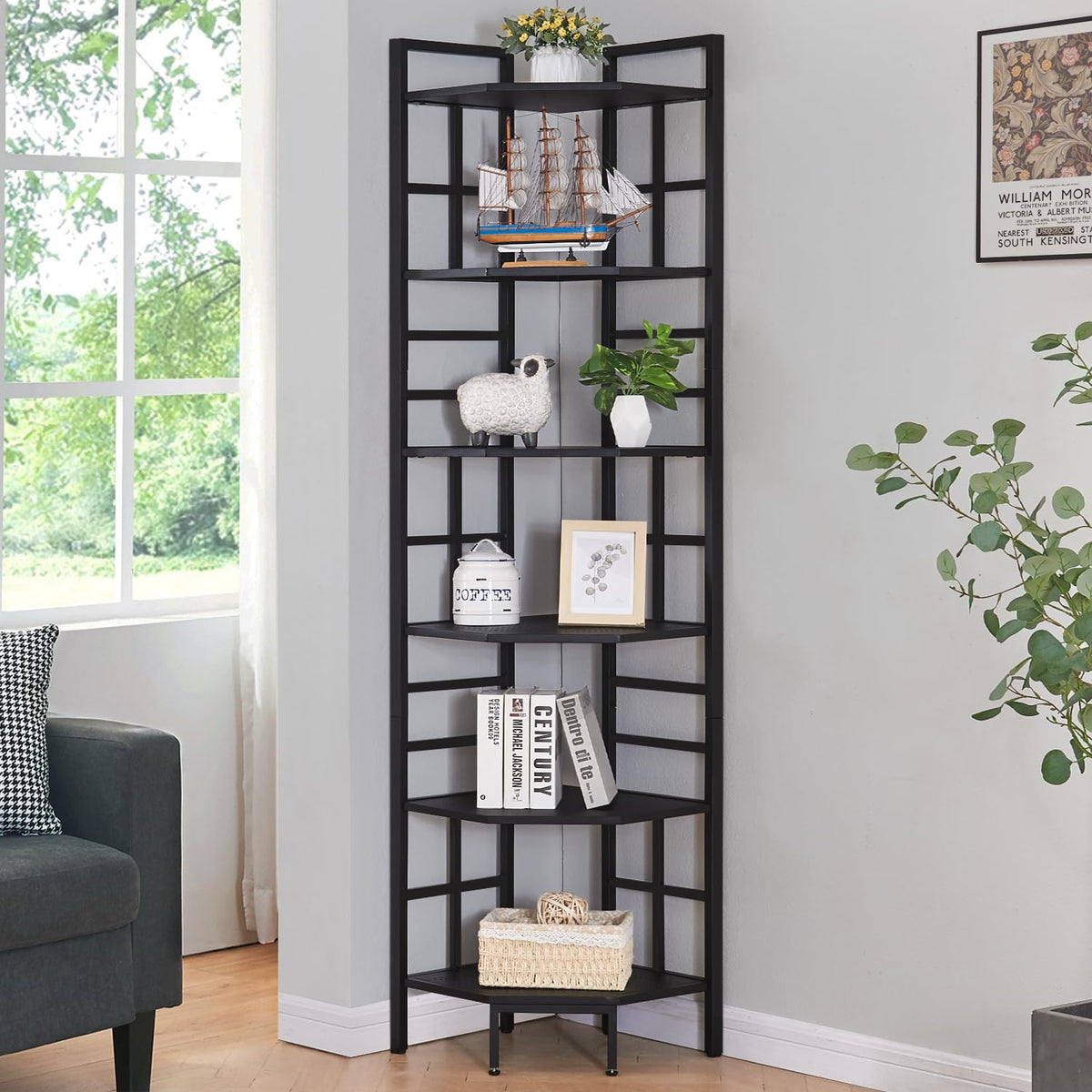 HOMISSUE Corner Shelf, 6 Tier Tall Narrow Bookshelf 76.9", Industrial Corner Bookcase with Storage for Home Office Living Room and Bedroom, Black