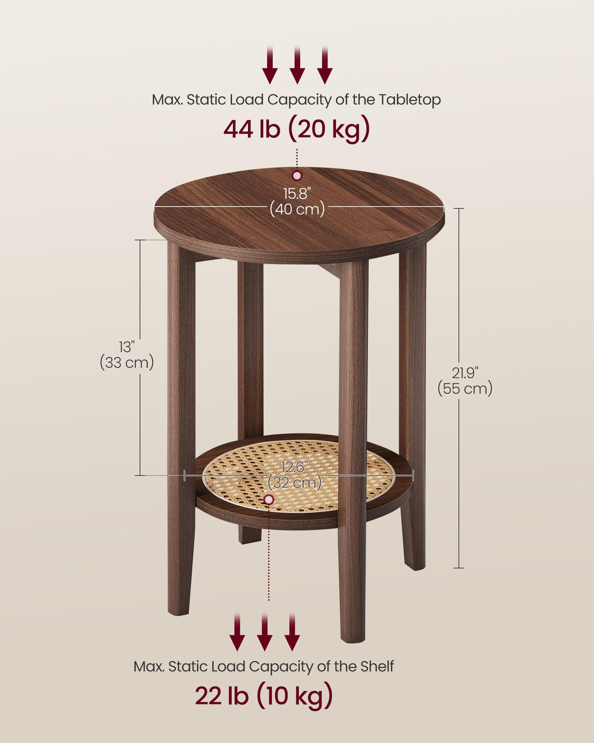 VASAGLE Round Side End Table, 2-Tier Boho Bedside Table with Rattan-Look Storage Shelf, Nightstand for Small Spaces, for Living Room, Bedroom, Home Office, Black Walnut ULET296K01