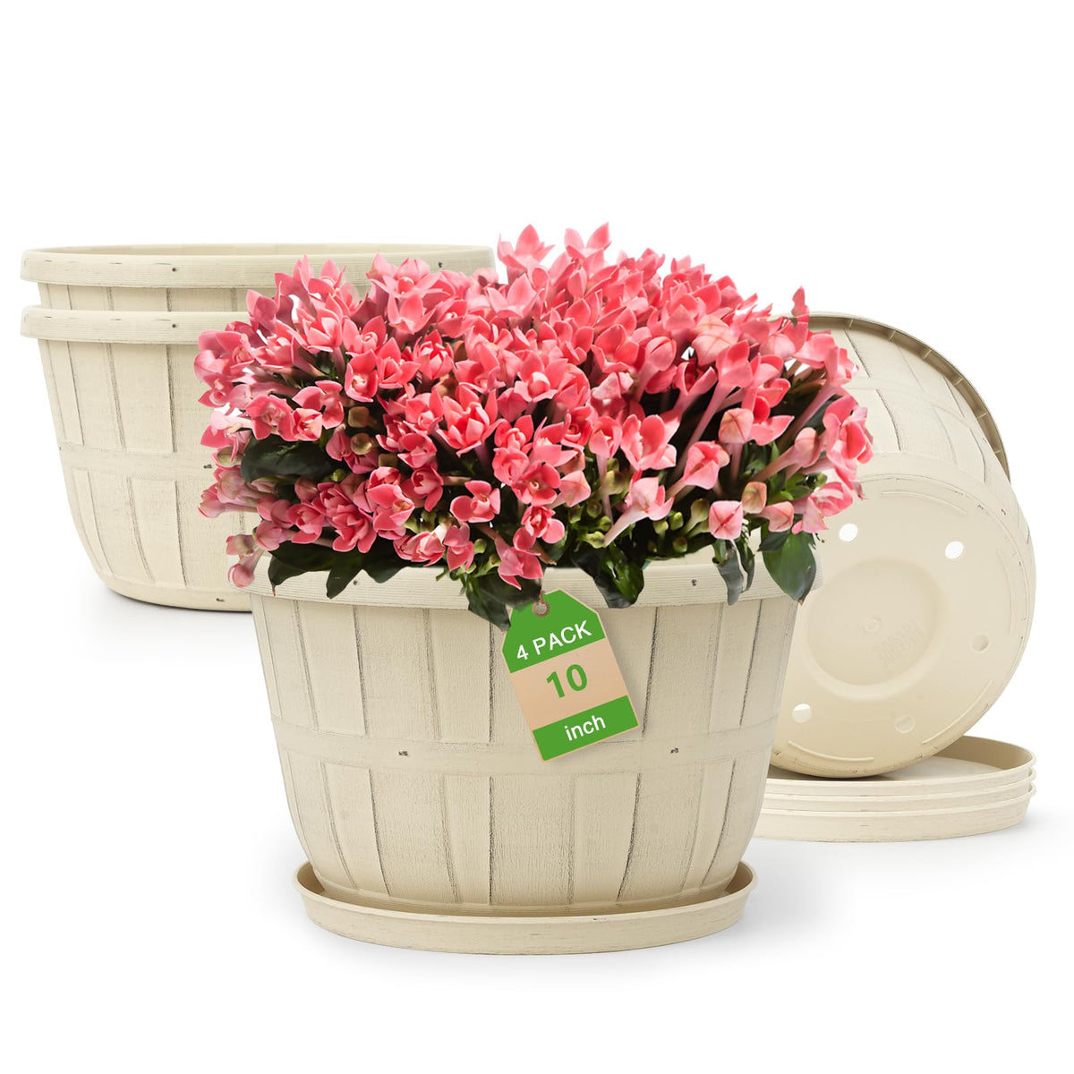 Quarut 10 inch Plastic Flower Pots for Indoor Plants，4 Pack Large Outdoor Planter Pot with Drainage Holes & Saucers，Imitation Wine Barrel Design，for Indoor Outdoor Garden Plants（White）