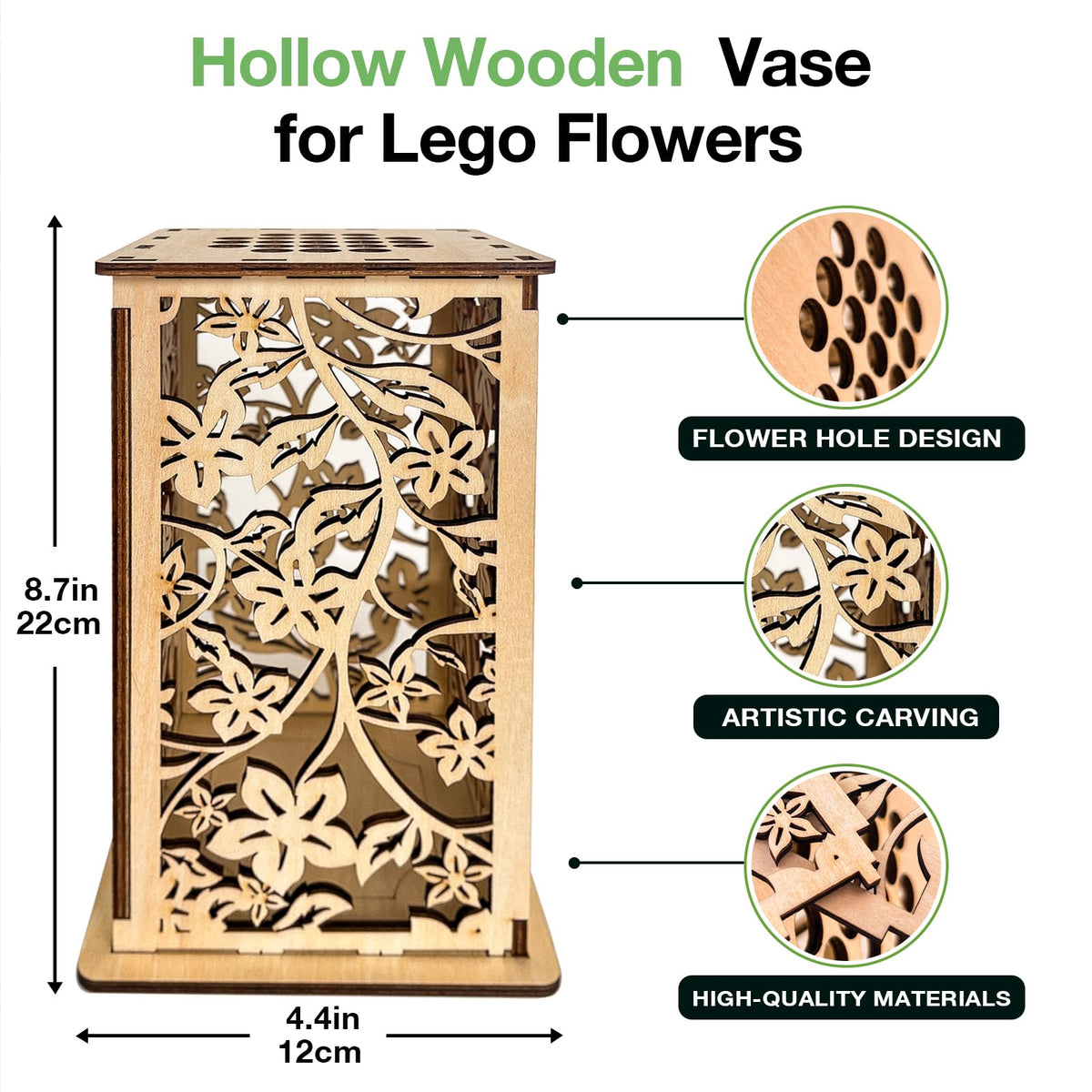 Wooden Vase for Lego Flowers, Display Stand for Lego Flower, Cool Artistic Carving Vase with Hollow Flower Pattern for Flower Lovers (Wood)