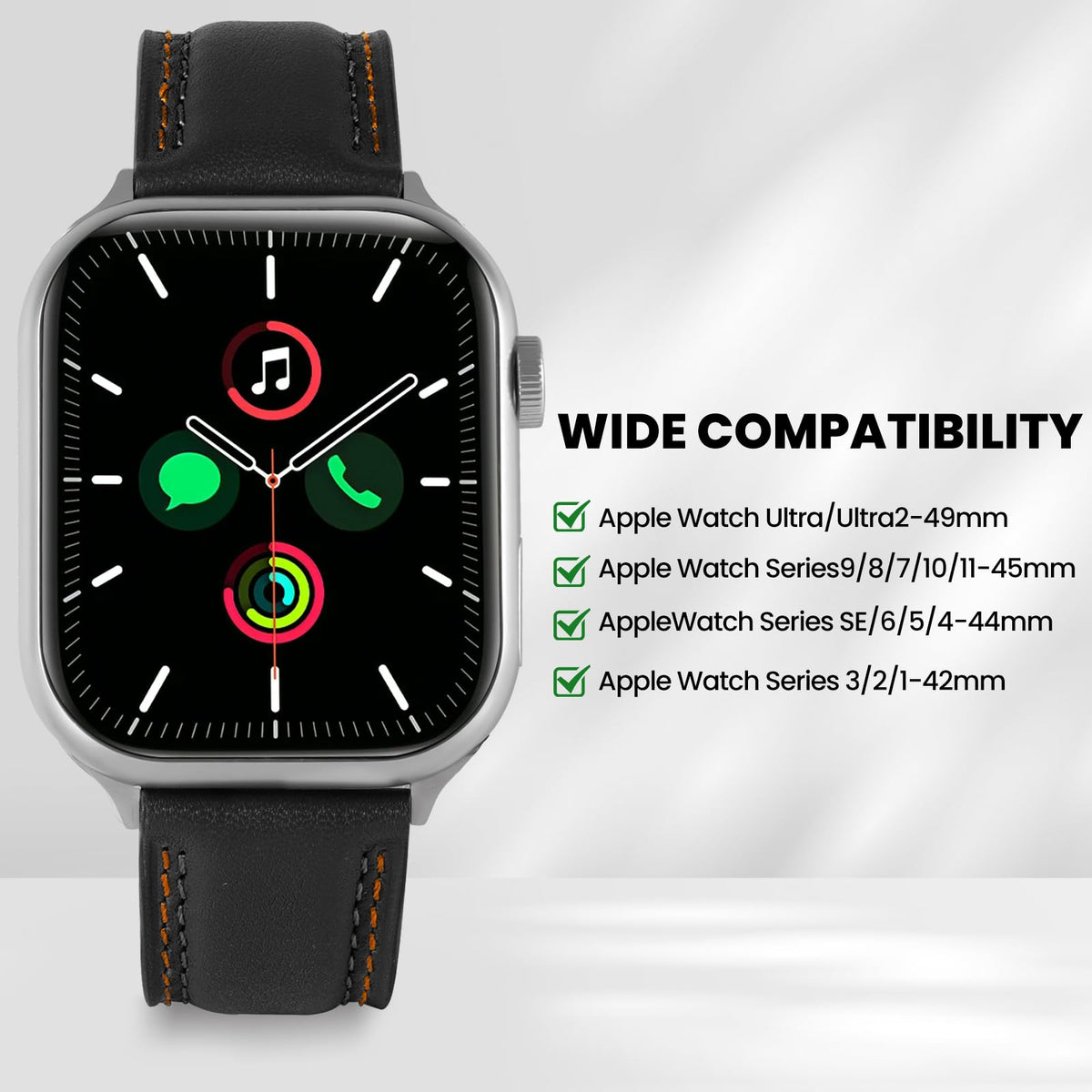 Soft Genuine Leather Band for Apple Watch 49mm 46mm 45mm 44mm 42mm - Women/Men Vintage Retro Replacement Wristband Strap with Metal Buckle for iWatch Ultra 3/2/SE/Series 11/10/9/8/7/6/5/4/3 - Black