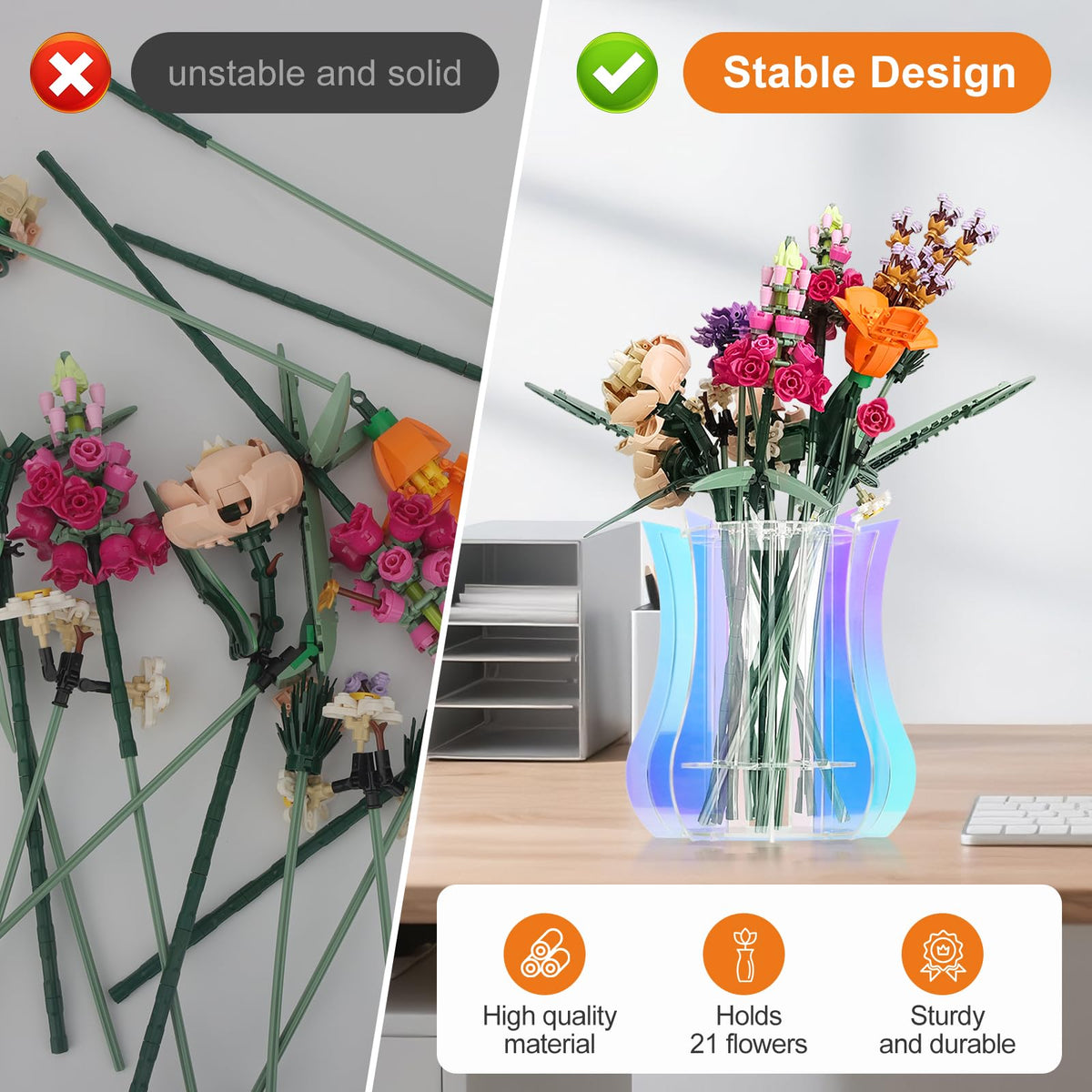 Acrylic Vase for LEGO Flowers - Sturdy Display Stand & Holder for LEGO Flower Bouquet Building Set, Botanical Collection, Roses & Orchids | 32-Stem Arrangement Design (Rainbow)