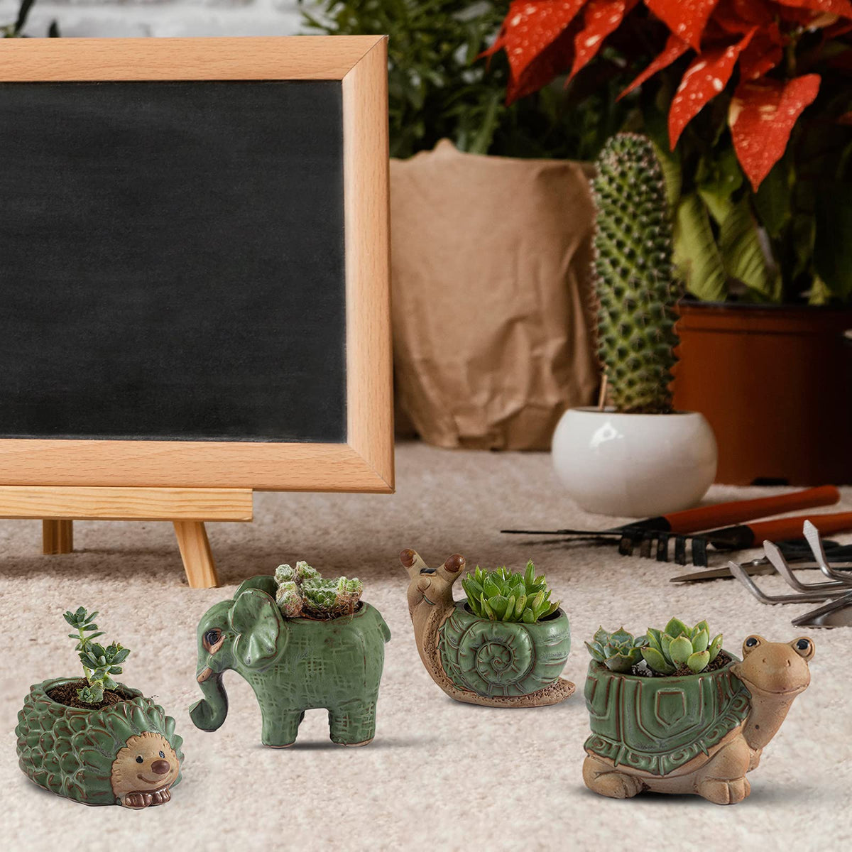 Small Succulent Pots with Drainage, Indoor/Outdoor Ceramic Animal Planter, Cute Cactus/Bonsai Small Flower Pots for Home Decor and Office Desk Decoration, A Set of 4 Pieces is Suitable as A Gift
