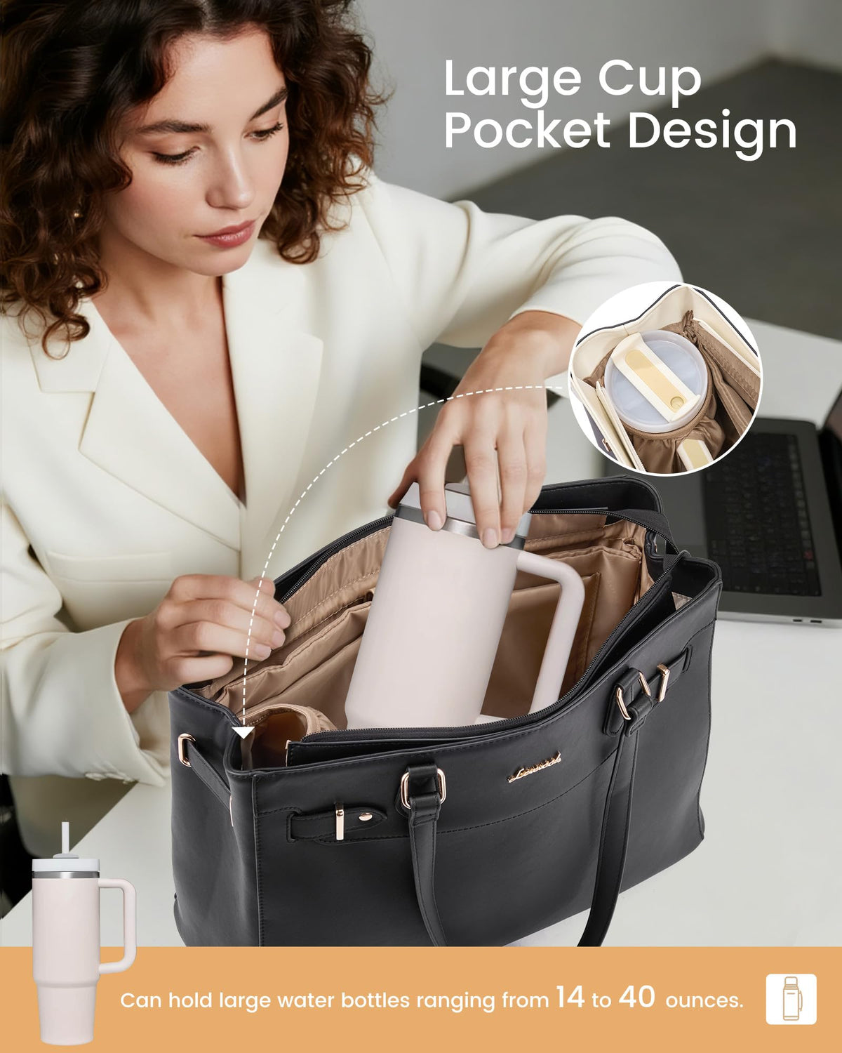 LOVEVOOK Laptop Tote Bag for Women Work, Teacher Tote Bag Nurse Bag with Large Cup Holder, 15.6 Inch Waterproof Leather Computer Bag Professional Business Office Briefcase, Black