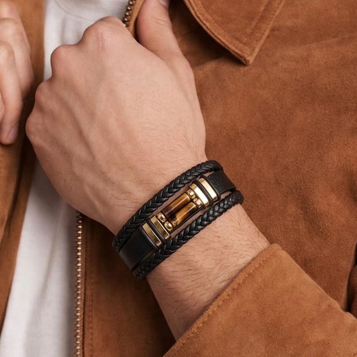 DHWANI ASTRO Leather Braided Stone Bracelet for Men Stainless Steel Buckle Multi Layer Wristband Cuff Bracelets Handmade With Metal Clasp Closure (Tiger Eye)