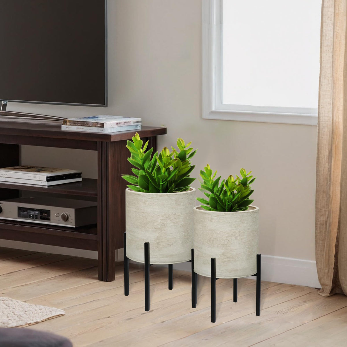 ARNIS Modern Plant Pots, Set of 2 Large Planters with Stand, Decorative Planters, Metal Pots with Drainage Holes for Living Room, Office, Garden or Balcony, 8.25 &10.5 Inch, Dirt