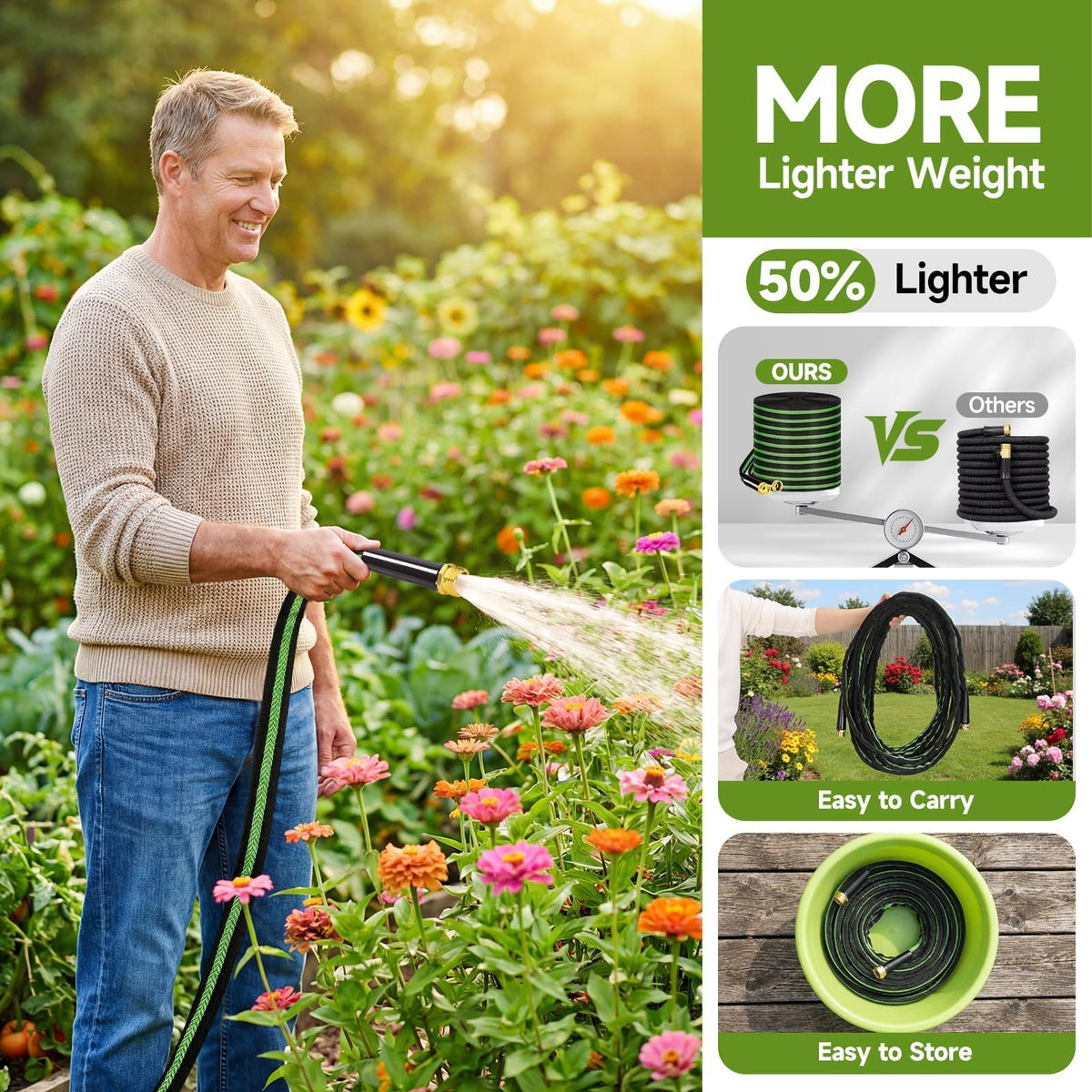 VIONMI Garden Hose 100 ft Flexible Non-Expandable Water Hose Kink-Free Lightweight Leak-Proof High Pressure Durable Outdoor Portable Fabric Hoses Pipe with 3/4” Sturdy Fittings for Yard Lawn Car Wash