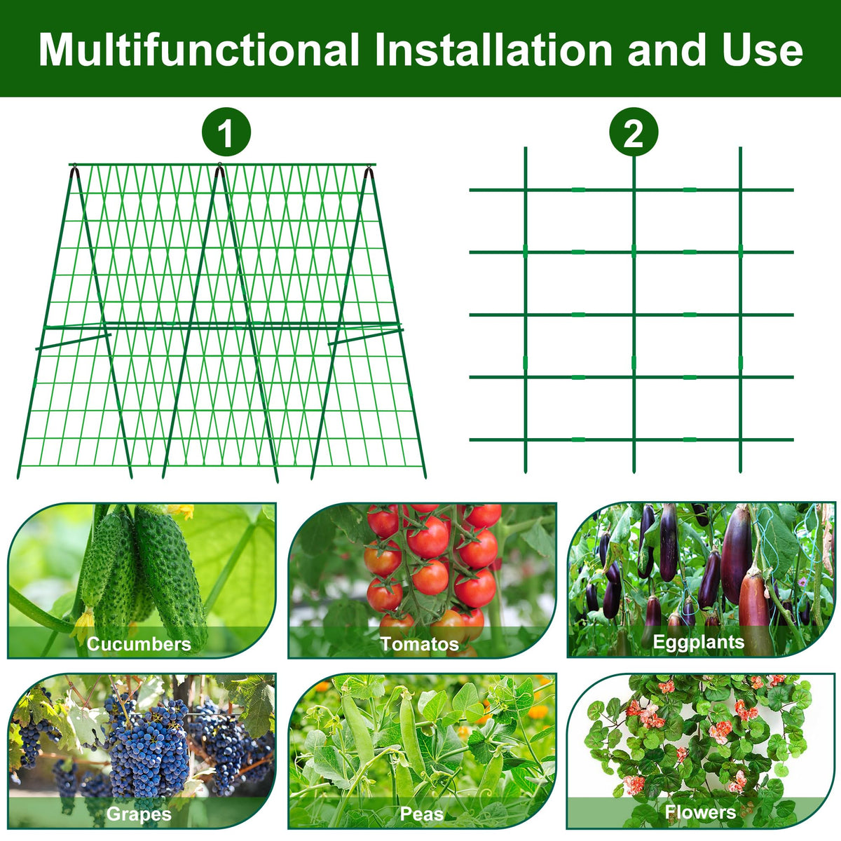 2 Packs 48" x 48" Foldable Cucumber Trellis for Raised Bed- A-Frame Garden Trellis for Climbing Plant Outdoor with Climbing Net & Plant Support Clip for Outdoor Plants Zucchini Vegetables Flowers