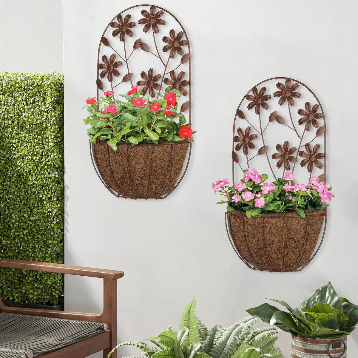 BAYN 2PKs Wall Hanging Planter Decor Art with Flower, Metal Wall Mounted Planters Indoor Outdoor Wall Planter for Succulent Herb Home Garden Yard