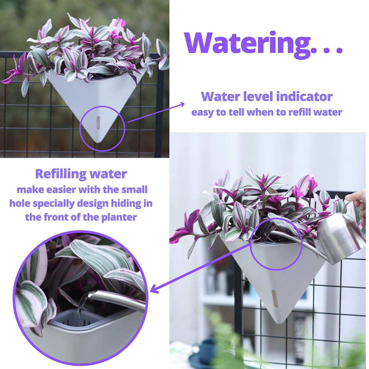 LaLaGreen Bundle- 4 Pack, 12 Inch White Geometric Self Watering Pot + 2 Pack,12 Inch Metal Wire Hanging Basket with Coco Liner Flower Plant Holder Hanger Balcony Patio Deck Modern Stylish Garden Decor