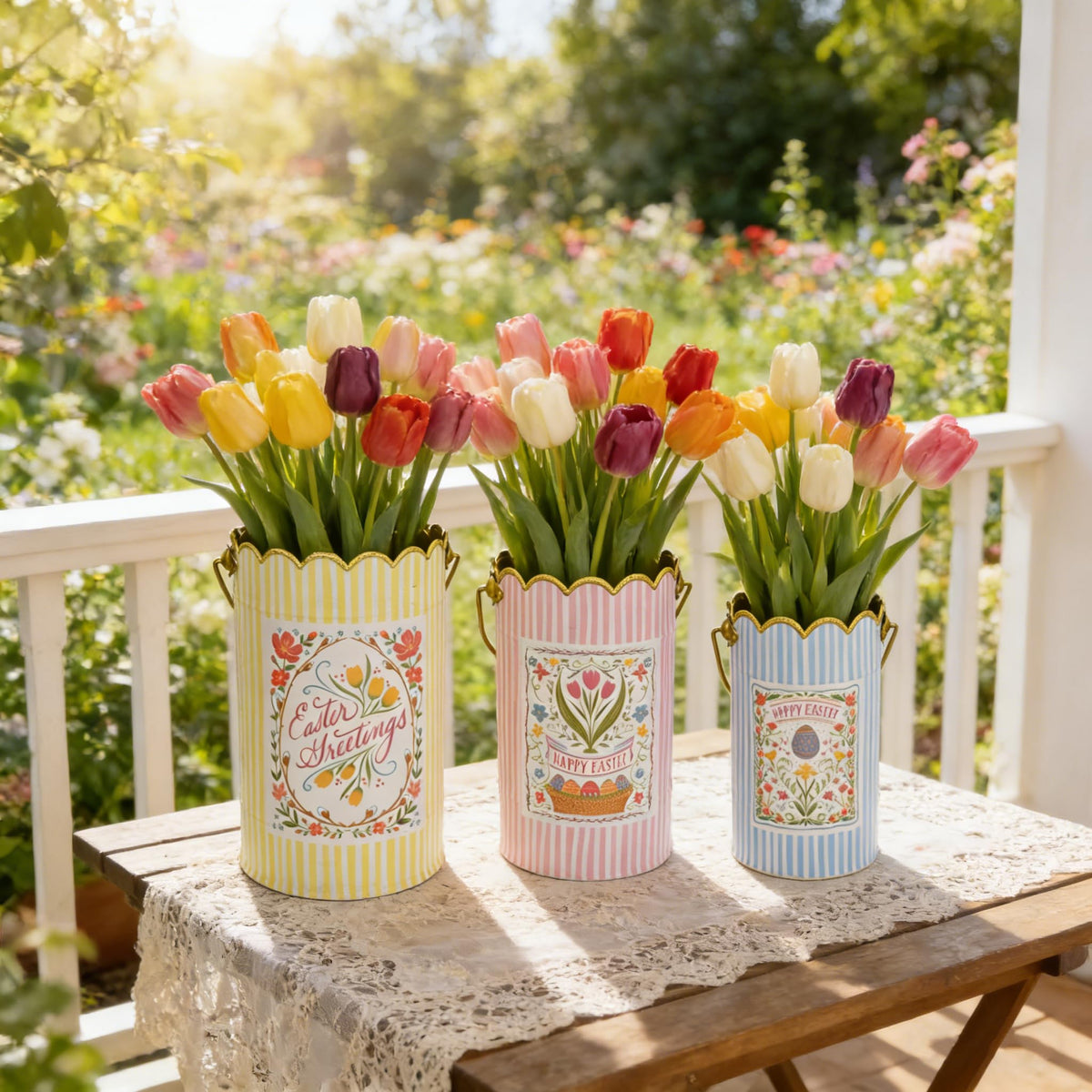 Zorvynelle Set of 3 Metal Bucket with Handle Decorative Floral Basket Bucket Cute Striped Design Flower Planter for Easter, Gift Baskets, Garden & Home Decor