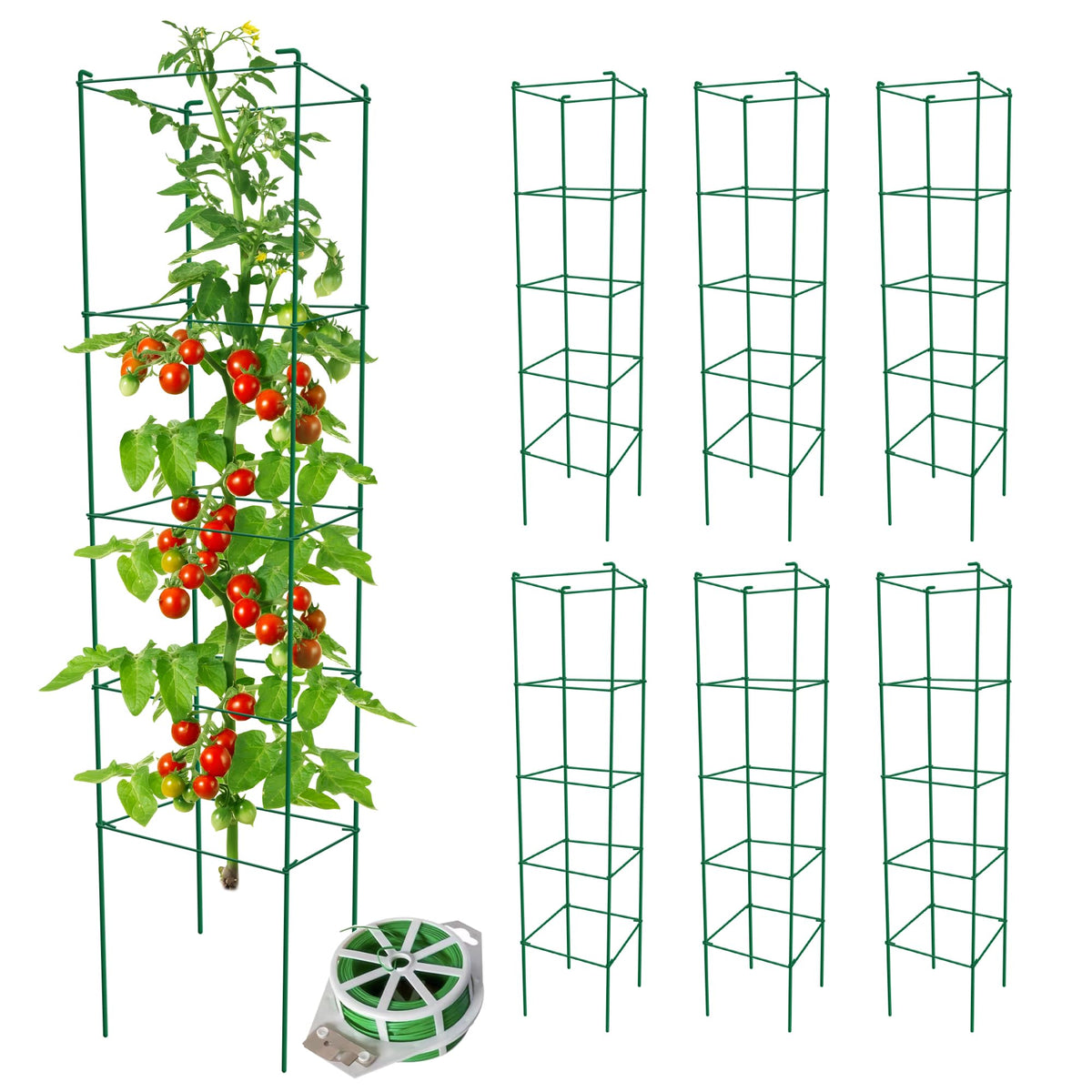 Thealyn Tomato Cages 6 Packs 57 Inches (H) Plant Stand with 164 Feet Twist Ties, Heavy Duty Garden Plants Support for Tomatoes, Cucumber, and Other Climbing Plants (Green)