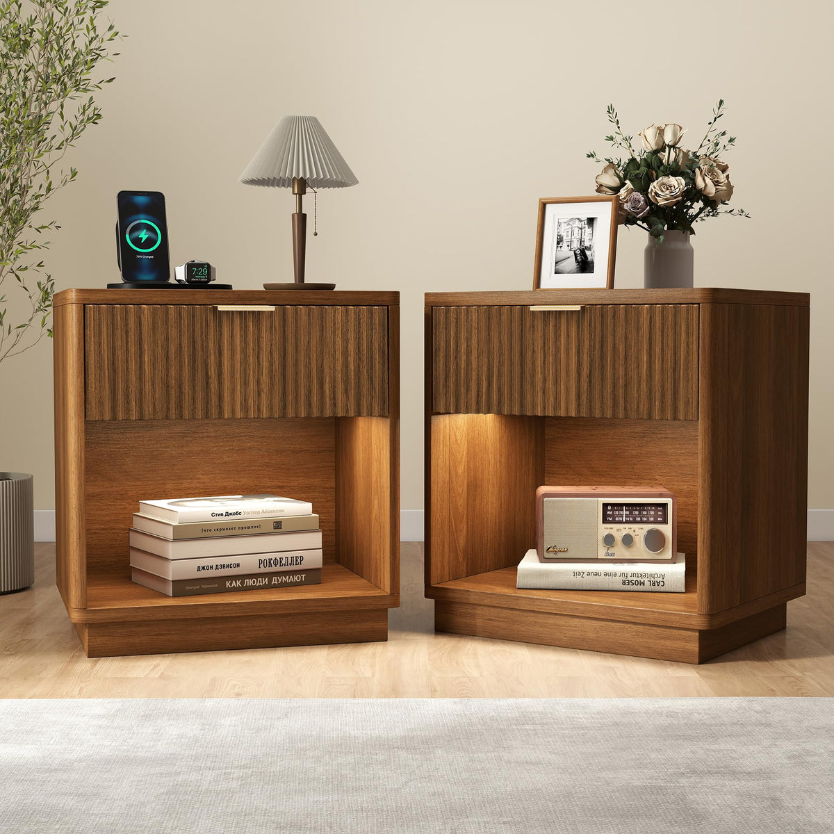 Miereirl Fluted Nightstand with Charging Station, Vintage Modern Night Stands Storage Cabinet Wooden Bedside Table with Metal Handle Drawers, Walnut Oak