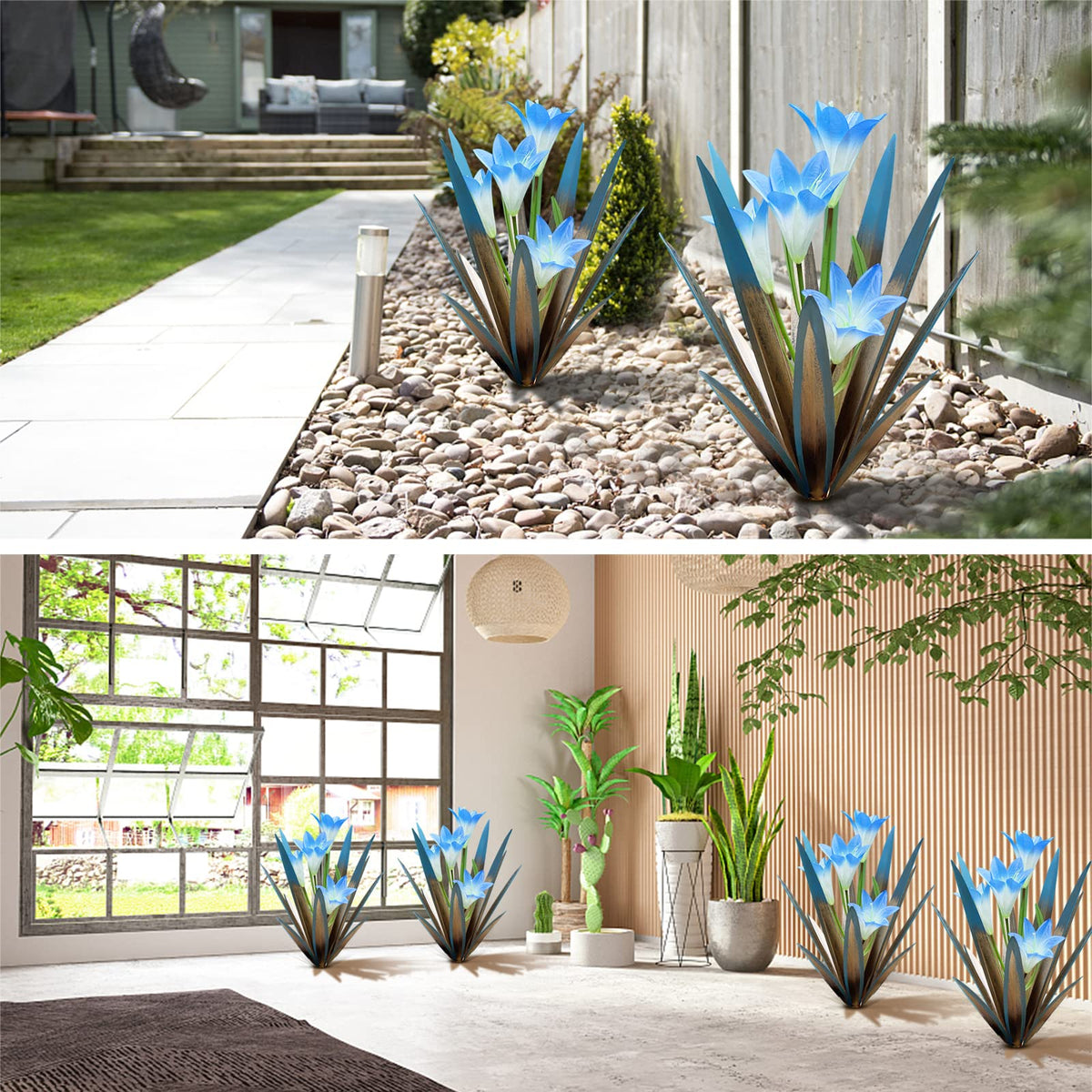 Homight Metal Agave Plant Outdoor Decoration Lily Mexican Yard Art Garden Gift Home Decor Hand Painted Metal Agave Garden Yard Statue, Outdoor Lawn Ornaments(3 Big Blue Lilies)