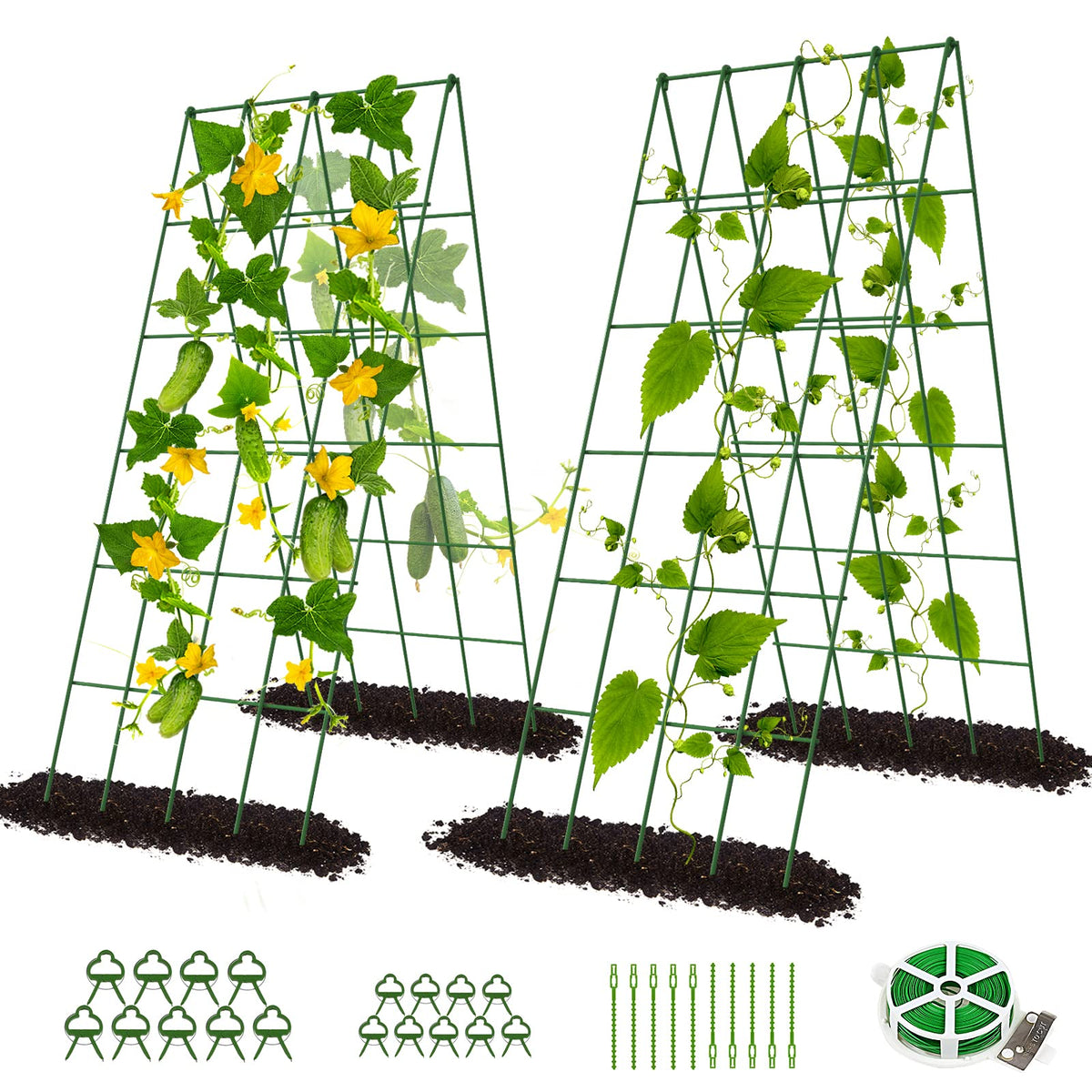 DoCred Cucumber Trellis, 2 Pack Foldable A Frame Trellis for Raised Bed Climbing Plants, Vegetables, Includes Plant Support Clips, Twist Ties, Plastic Ties- Made from PVC-Coated Steel