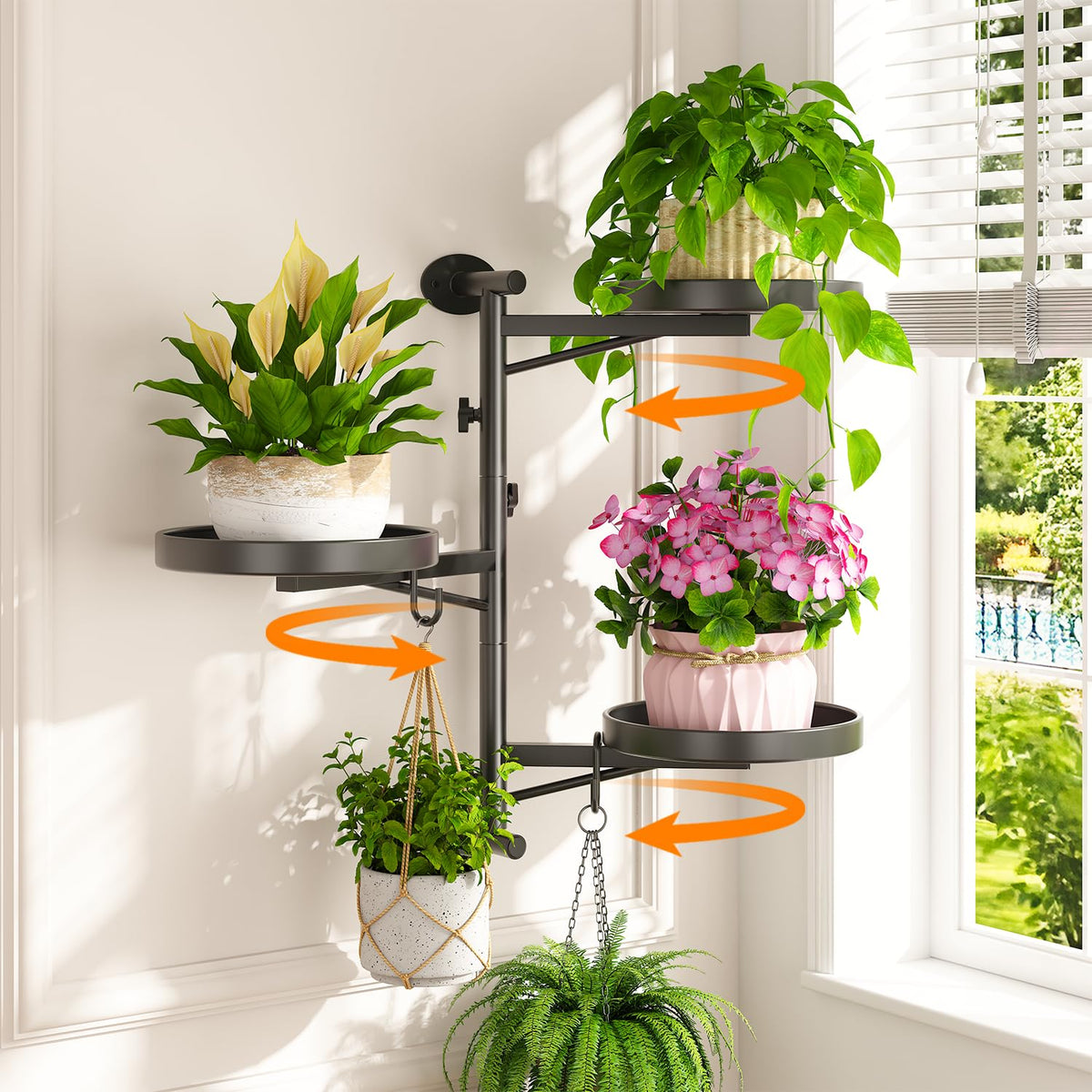 LASZOLA Rotating Plant Hangers Shelves Wall Mounted Indoor, 3 Tier Metal Window Plant Hanging Holders, Morden Floating Flower Display Stand with 2 Hooks for Kitchen Bathroom Decor, Black