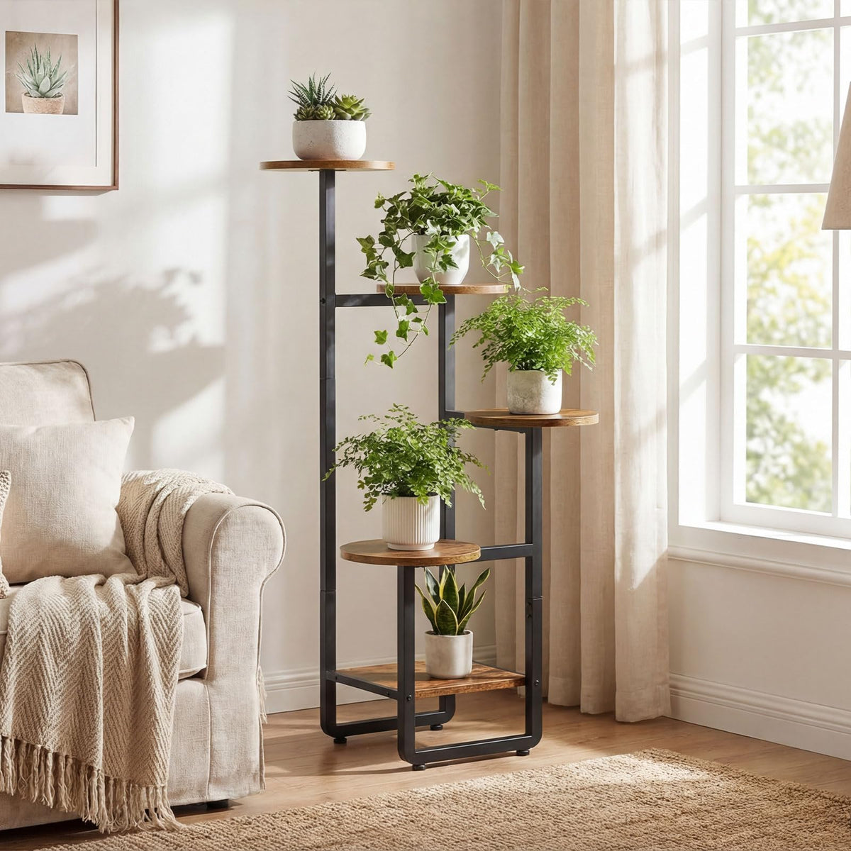 HOOBRO Round Side Table and Plant Stand Bundle, Drink Table with Pedestal Accent for Small Spaces, 5 Tiered Plant Shelf Flower Stand for Multiple Indoor Plants, BF168BZ01-BF07HJ01