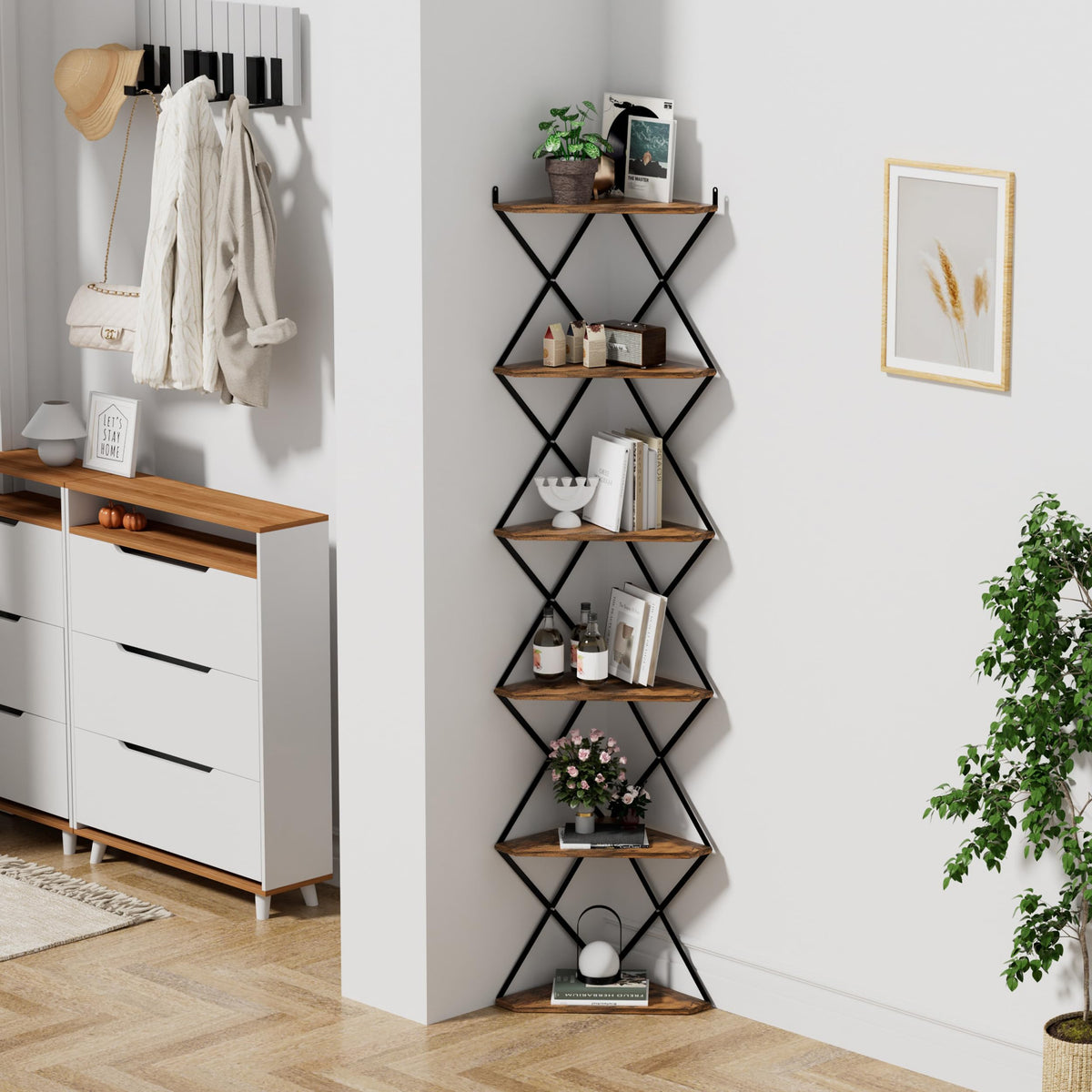 IRCPEN 6 Tier Wall Mounted Corner Shelf Stand, Industrial Corner Bookshelf with X Metal Frame, Tall Standing Shelf Organizer, Bookcase, Plant Stand for Living Room, Bedroom Rustic Brown CS-006RB