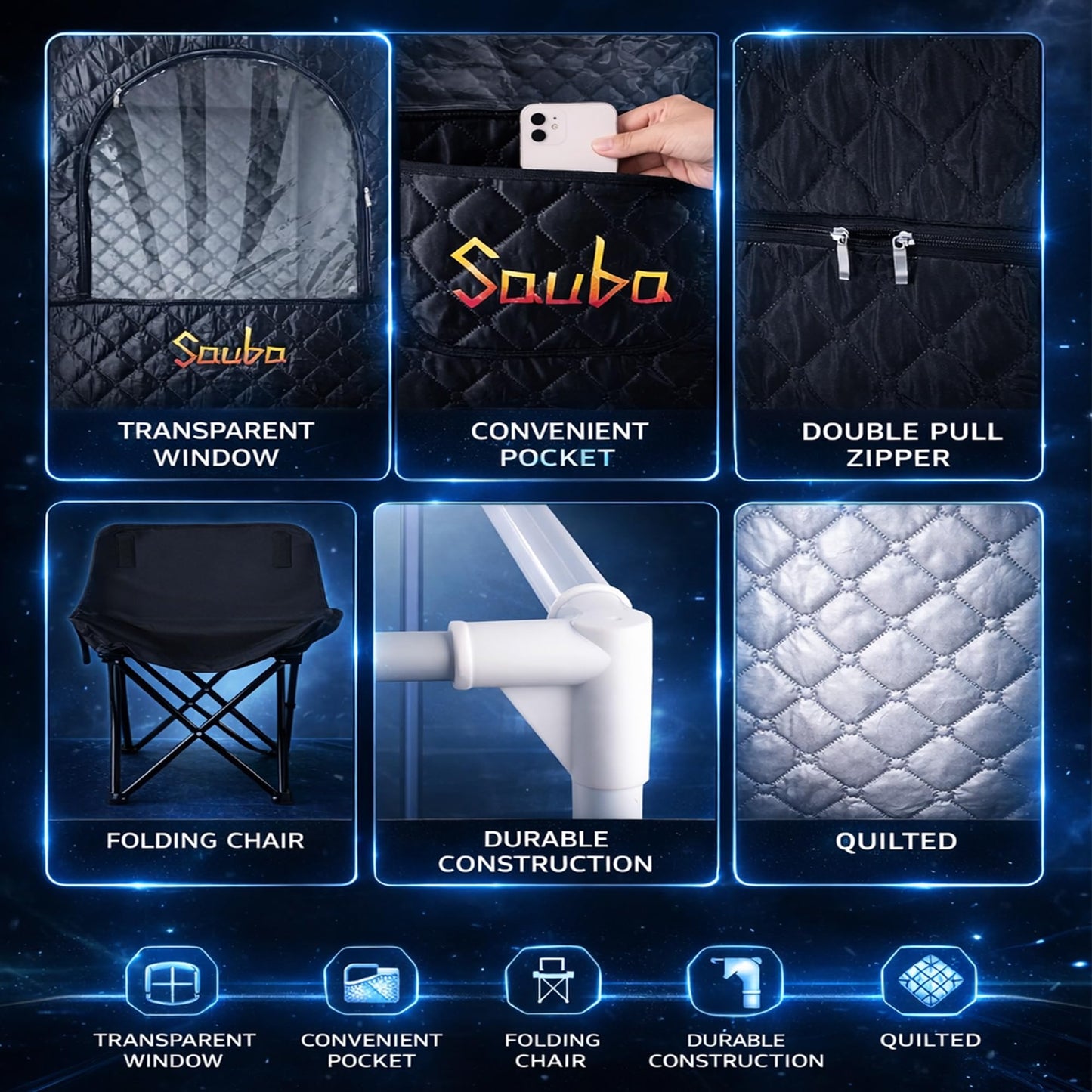 Sauba Portable Steam Sauna for Home,at Home spa,Relaxation,hot Tent,Personal Steam Room,Sauna Box,Home Sauna,Folding Chair,Remote Control,9 Levels (Quilted)
