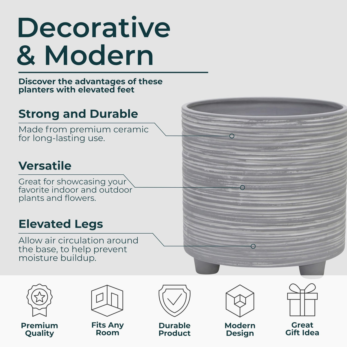 Set of 2 Footed Planters with Ridged Lines Accent – Ceramic Stoneware Outdoor & Indoor Plant Pot – Modern Garden & Home Decor Ceramic Planters – Stylish Pot for Plants – 6" & 8", Gray