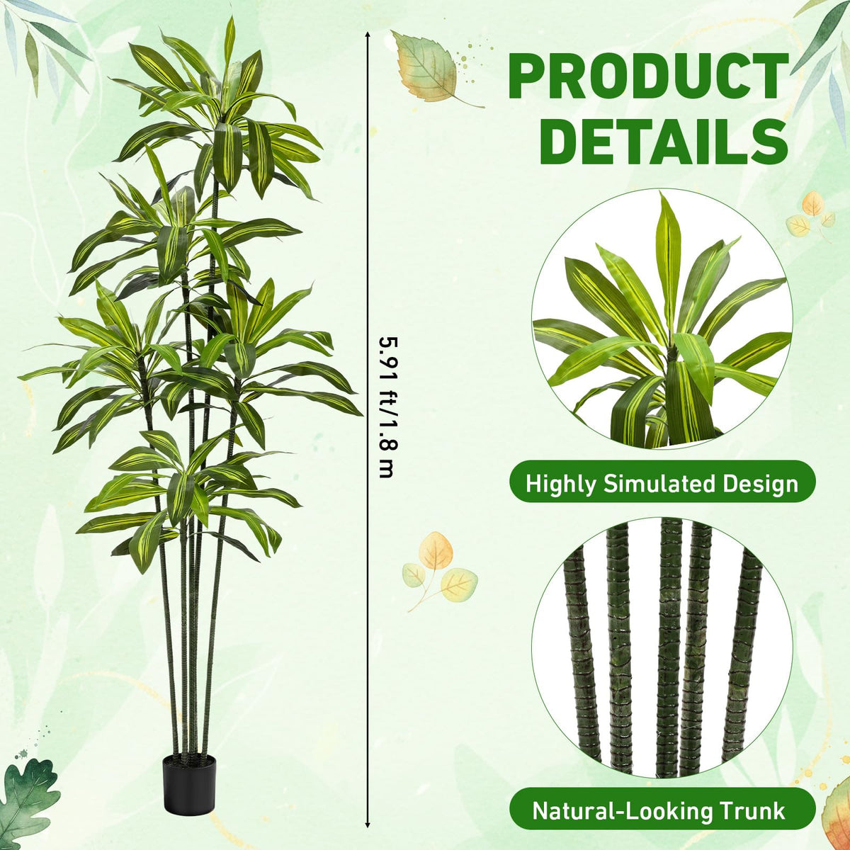 Giegxin 2 Pack 6 FT Artificial Dracaena Tree, Indoor Fake Tree with Black Stable Planter, Natural Wood Trunk & Lifelike Leaves Dracaena Plants for Home Living Room Porch Office Housewarming Gift