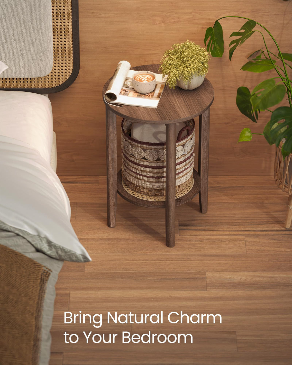 VASAGLE Round Side End Table, 2-Tier Boho Bedside Table with Rattan-Look Storage Shelf, Nightstand for Small Spaces, for Living Room, Bedroom, Home Office, Black Walnut ULET296K01