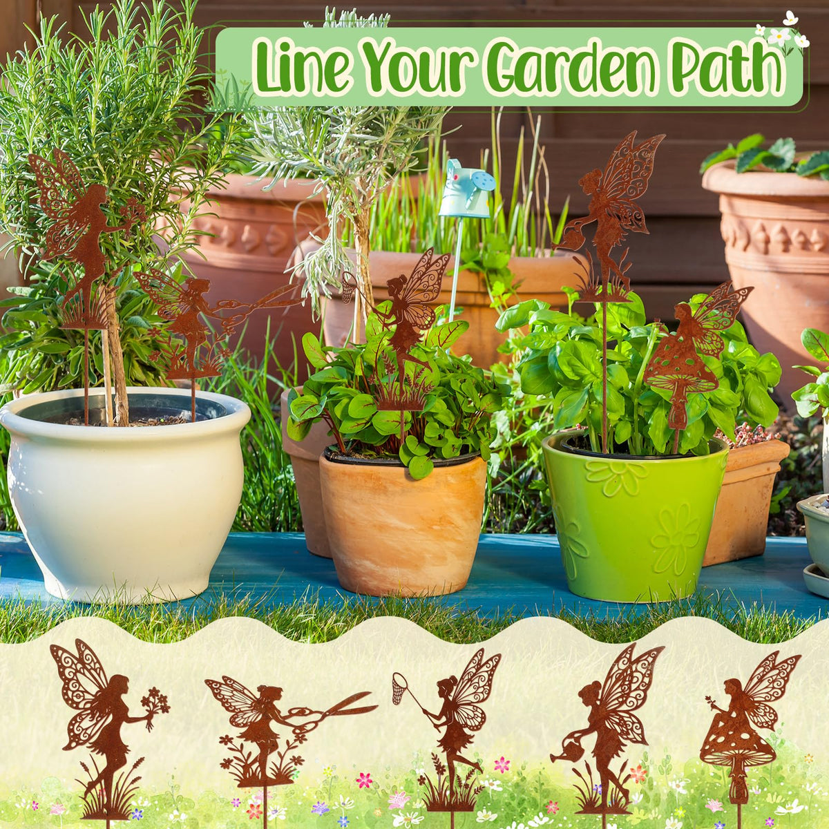 Novabright 5 Pcs Decorative Garden Stakes Metal Fairy Silhouette Set Stakes Outdoor Yard Art Decor Fairy Garden Sign for Lawn Flower Bed Planter Pot Landscaping(Rust)