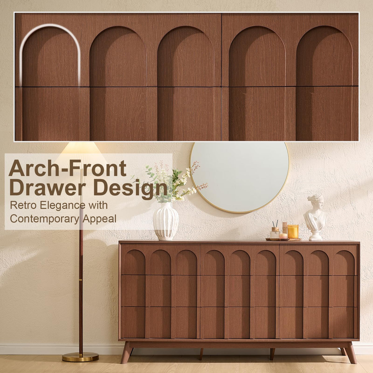 Oak&Sparrow Mid Century Modern Dresser for Bedroom, Walnut 9 Drawer Dresser with Arched Front, 63'' Wide Chest of Drawers Wood Storage Organizer for Living Room